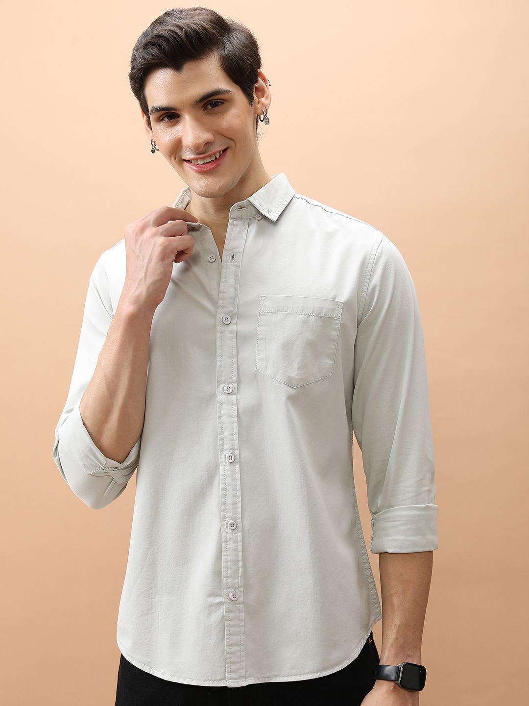 

HIGHLANDER Men Spread Collar Solid Cotton Slim Fit Casual Shirt, Grey