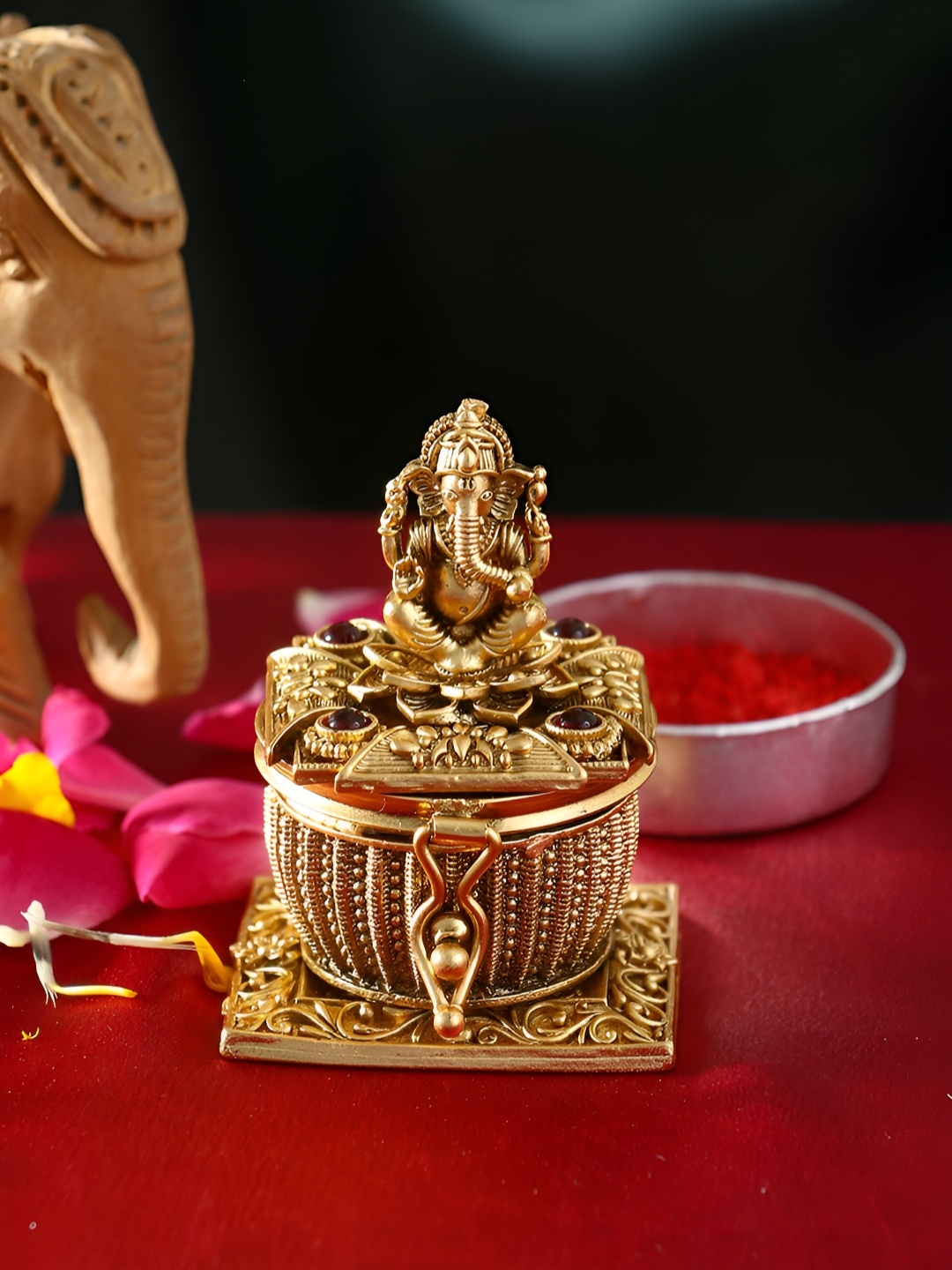 

Adwitiya Collection Sindoor box Textured Lord Ganesh Kumkum Box, Gold