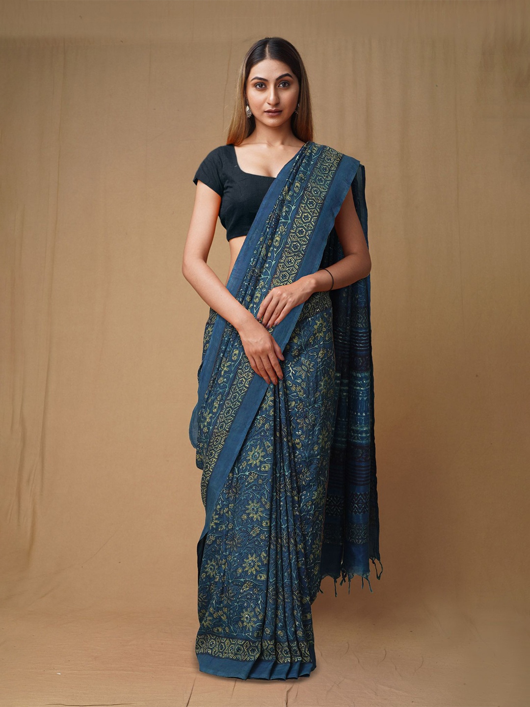 

Unnati Silks Ajrak Block Handloom Chanderi Saree, Blue