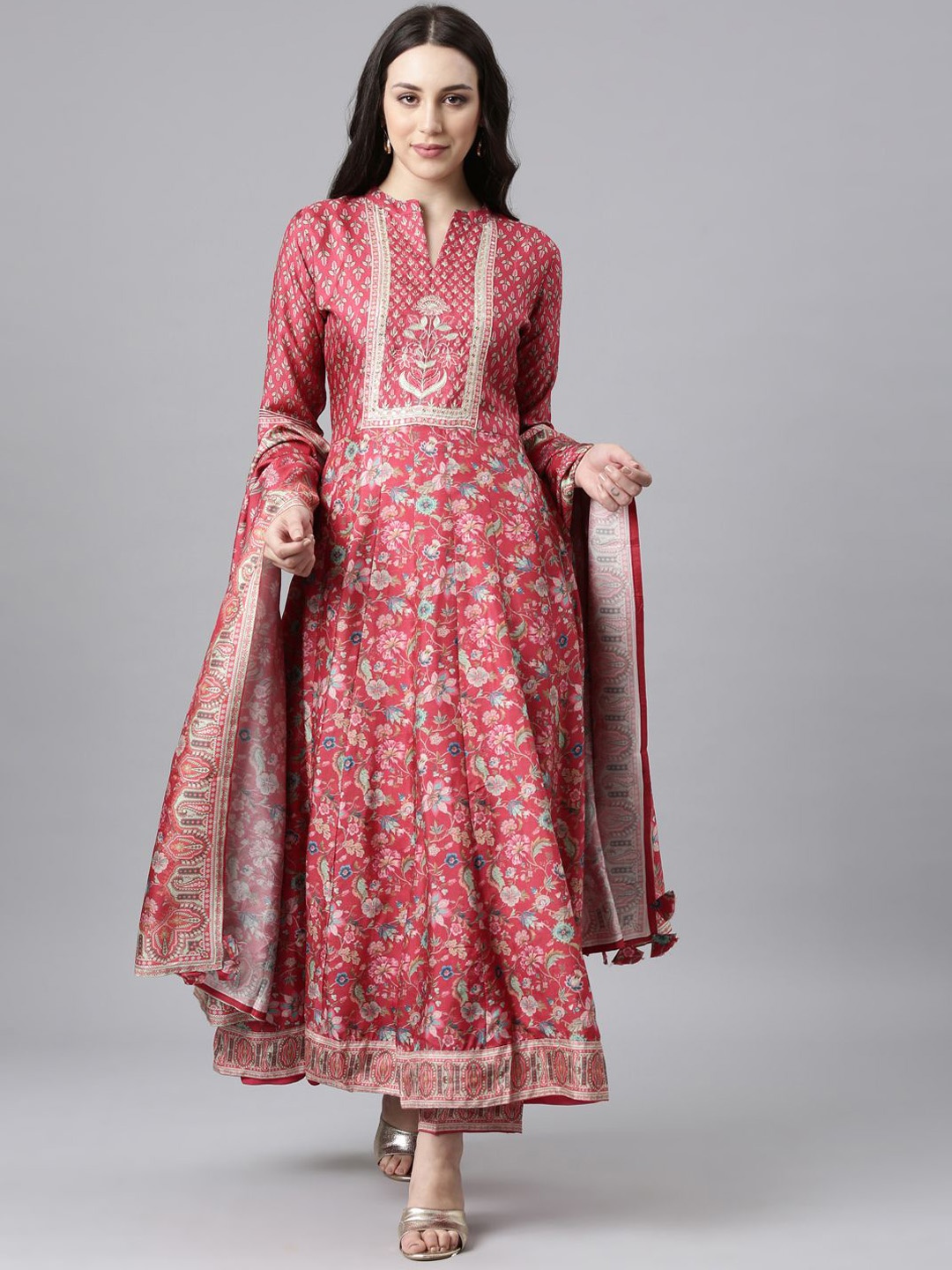 

Neerus Women Floral Printed Regular Raw Silk Kurta with Trousers & With Dupatta, Pink