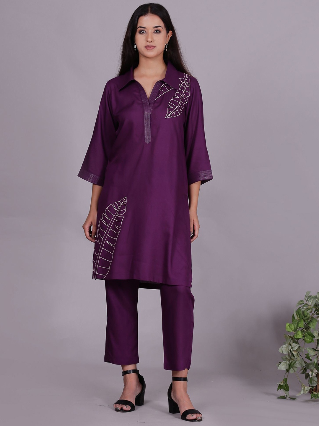 

Spring Soul Women Printed Regular Thread Work Kurta with Trousers, Purple