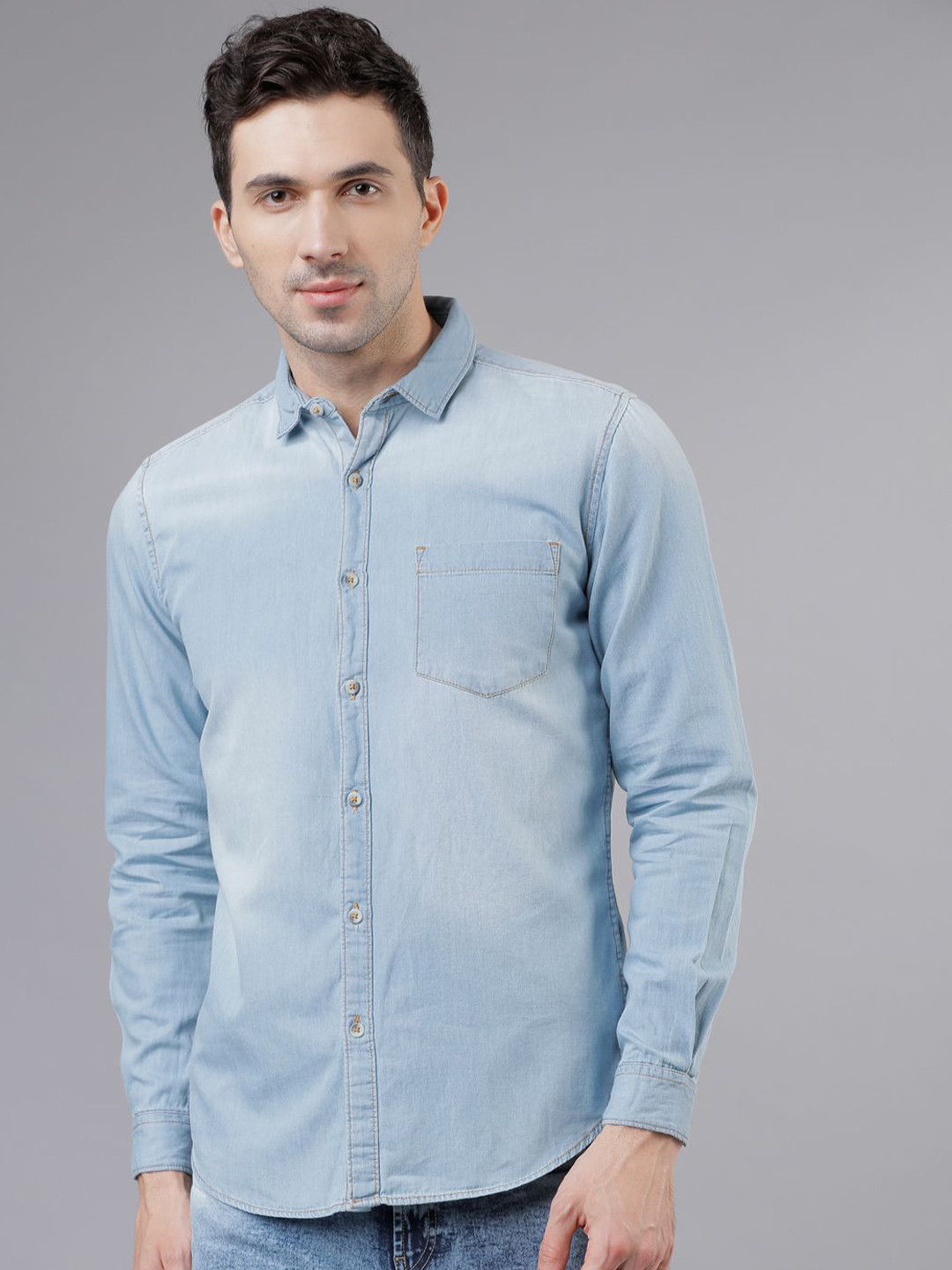 

HIGHLANDER Men Spread Collar Solid Cotton Slim Fit Casual Shirt, Blue