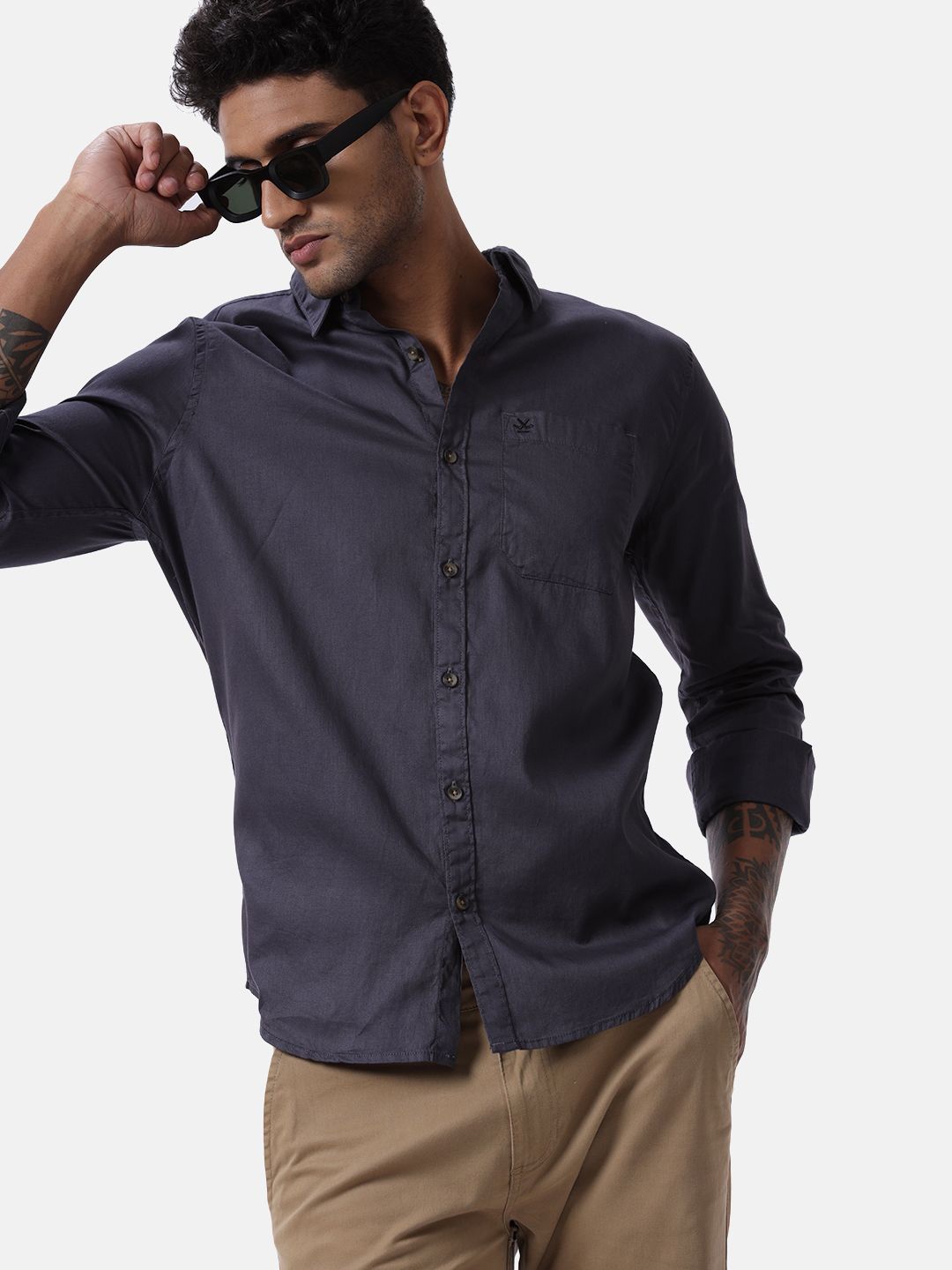 

WROGN Men Custom Spread Collar Solid Cotton Casual Shirt, Charcoal