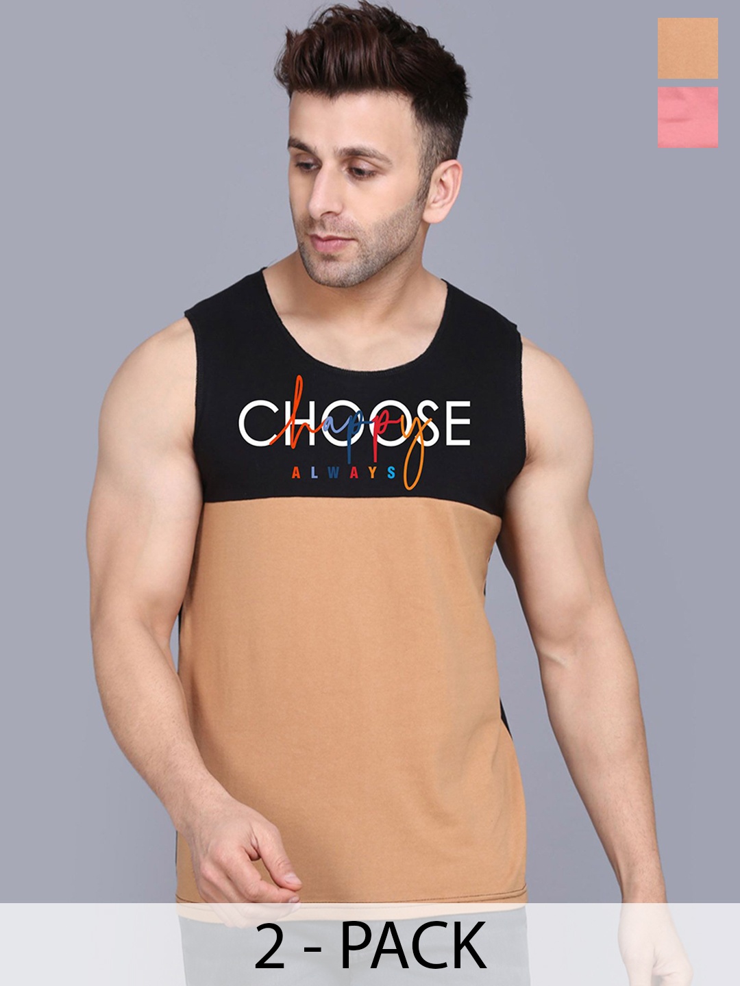 

SLOWLORIS Pack Of 2 Printed Pure Cotton Gym Vests, Peach