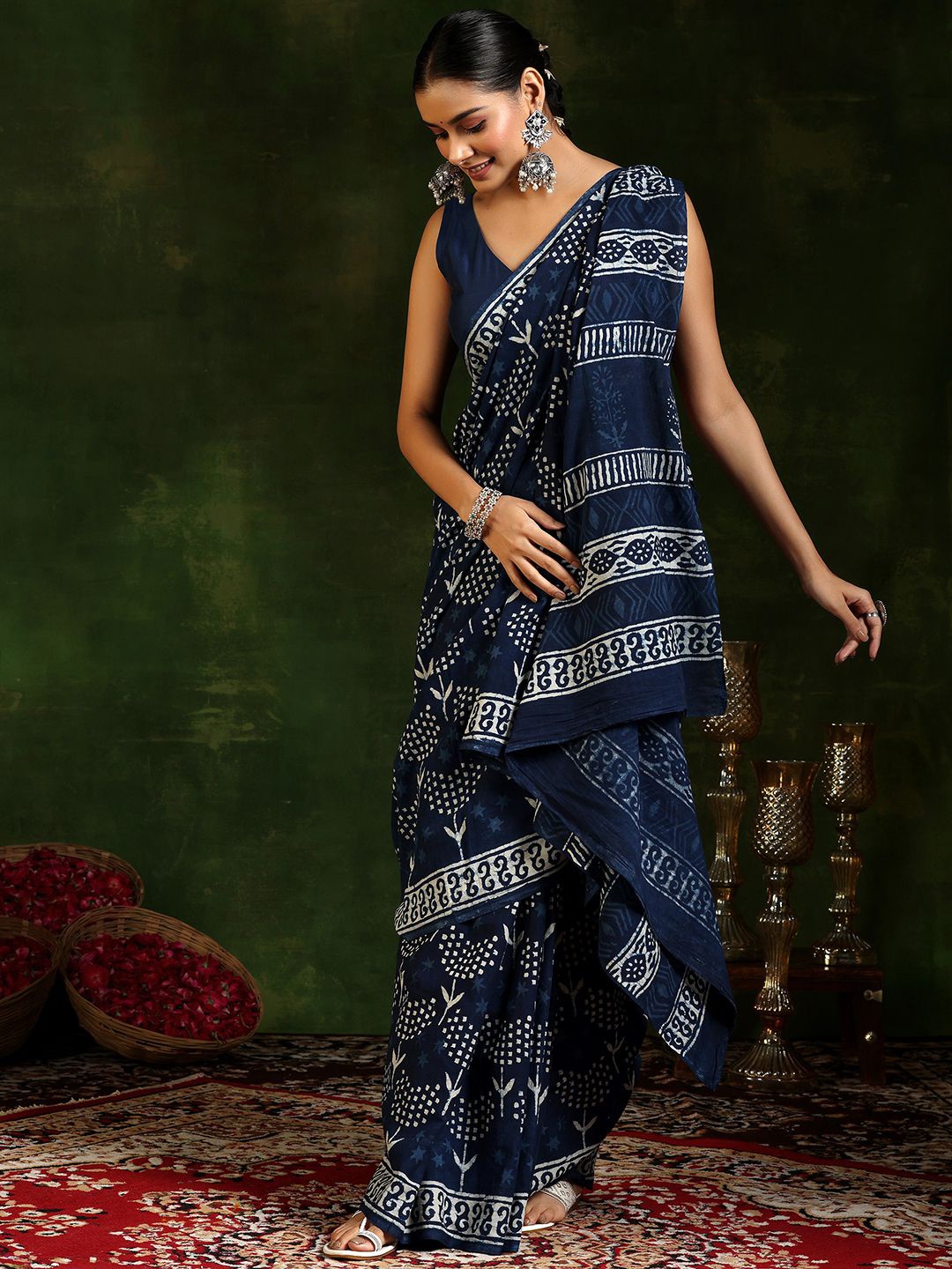 

Libas Printed Ethnic Motifs Pure Cotton Saree, Blue
