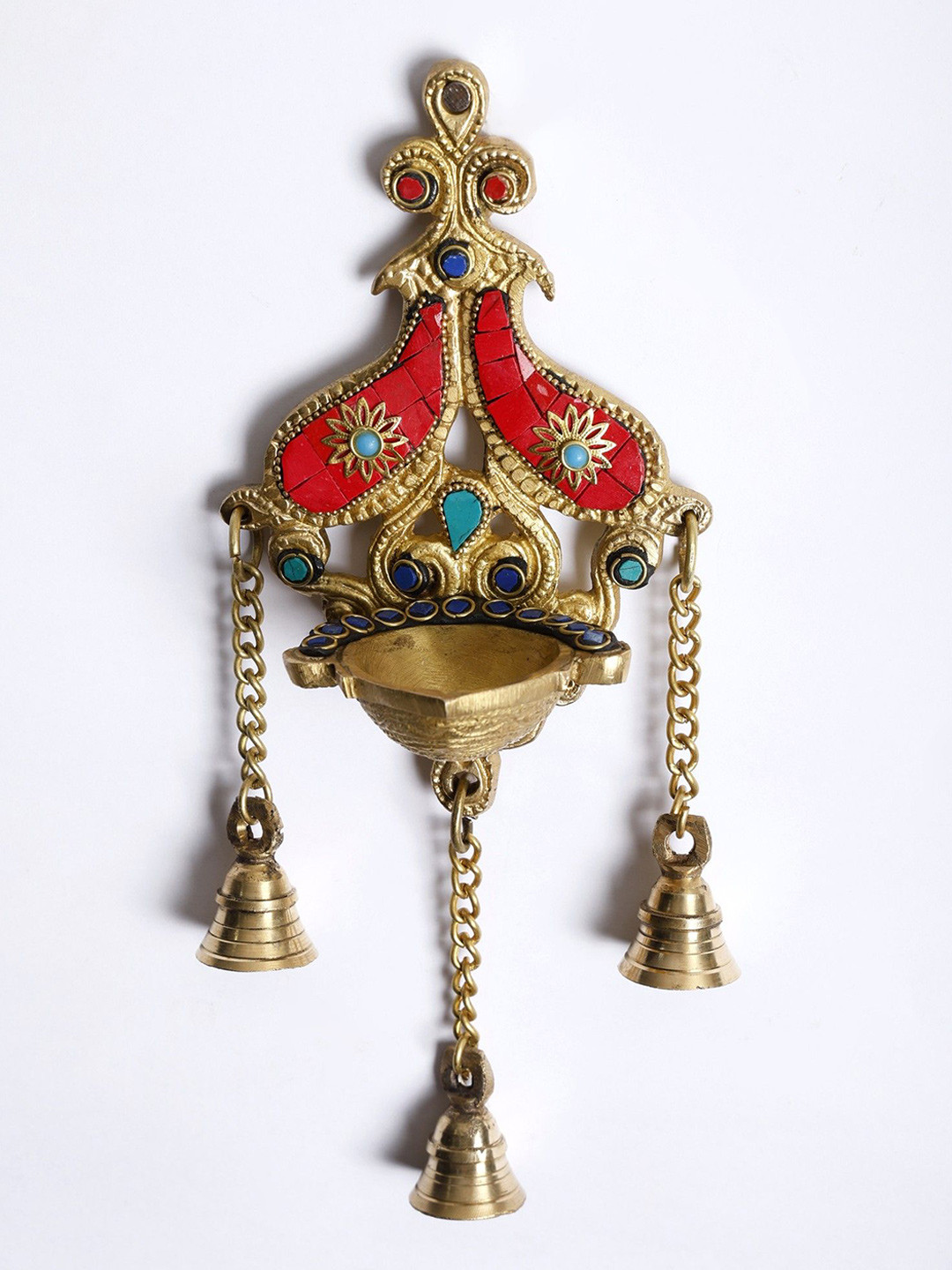 

Exotic India 11" Designer Wall Hanging Brass Diya and Bells with Inlay Work, Gold