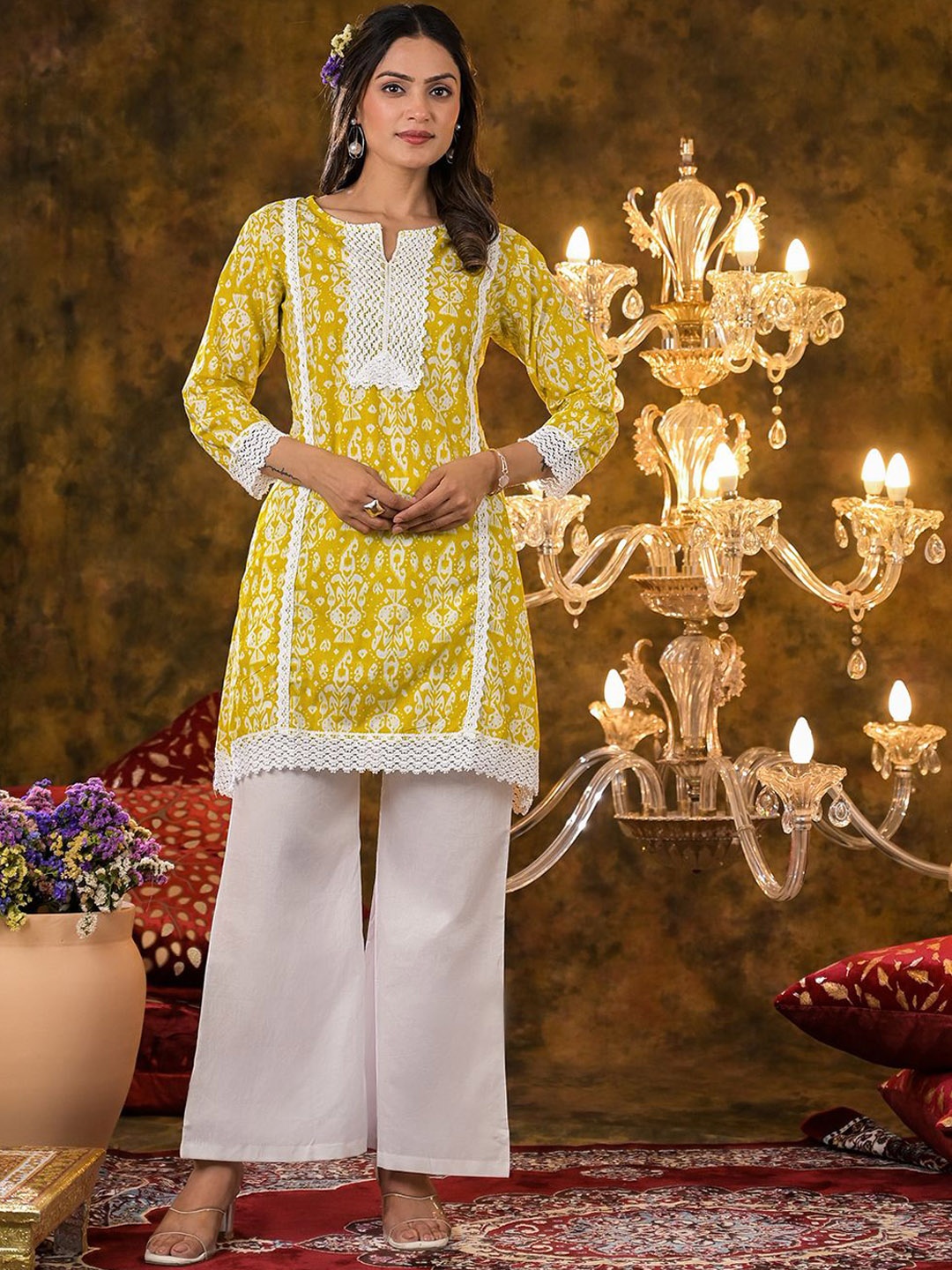 

Vastramyaa Women Paisley Printed Panelled Pure Cotton Kurta with Palazzos & With Dupatta, Yellow