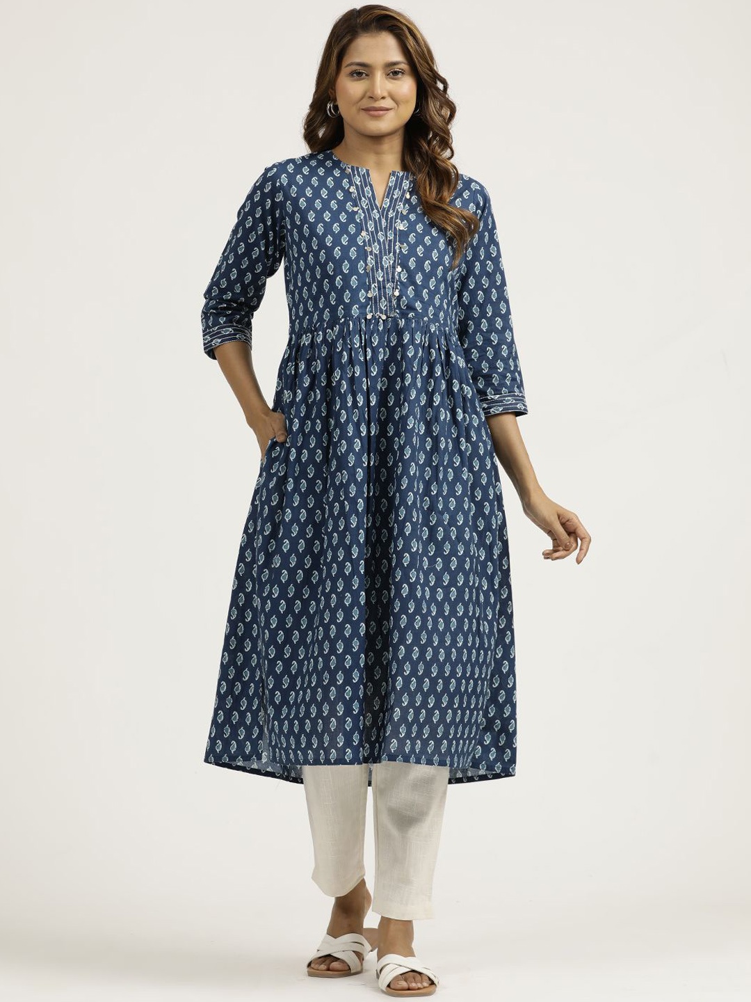 

Jaipur Kurti Ethnic Printed Gathered Cotton Kurta, Blue