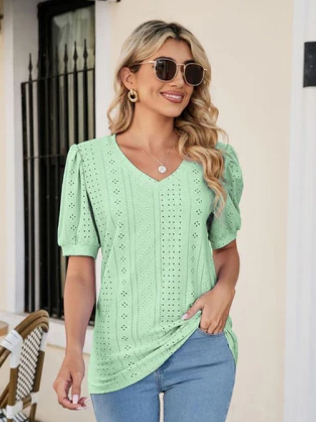 

StyleCast Women Solid V-Neck Top, Green