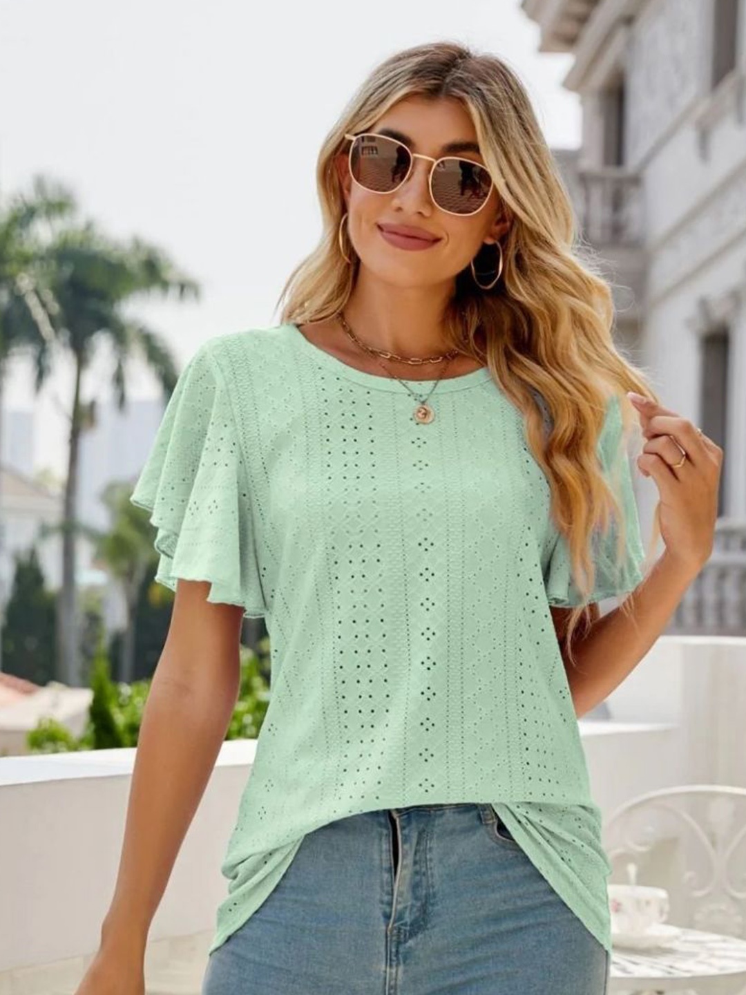 

StyleCast Women Self Design Round Neck Top, Green