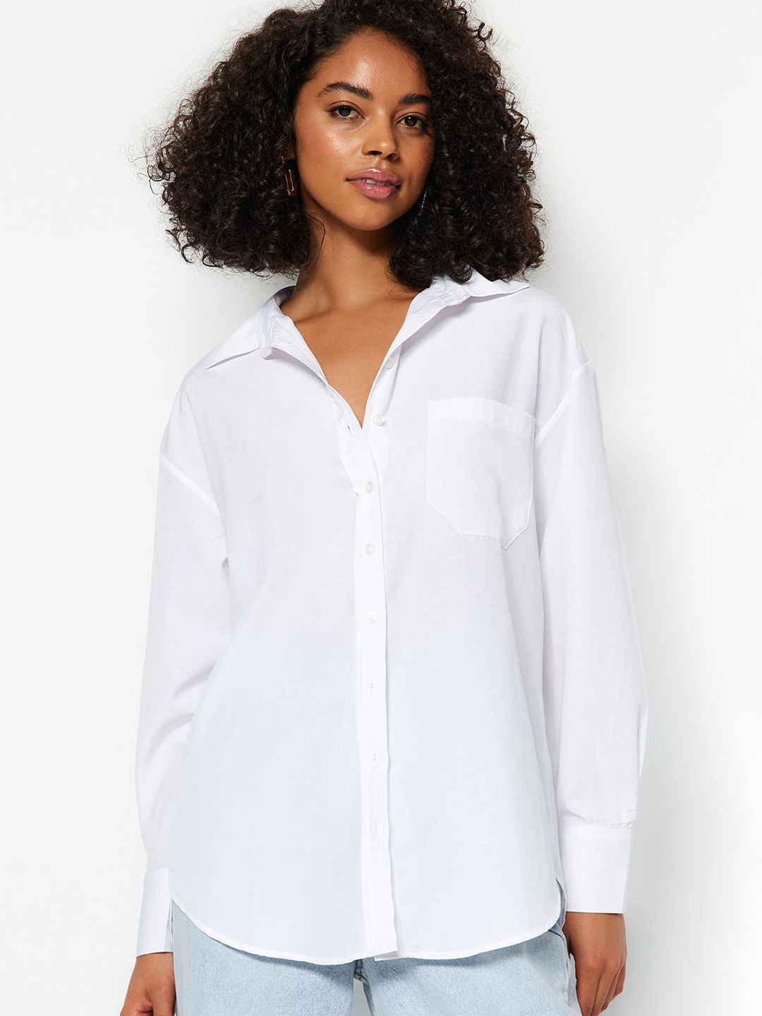 

Trendyol Women Spread Collar Solid Cotton Casual Shirt, White