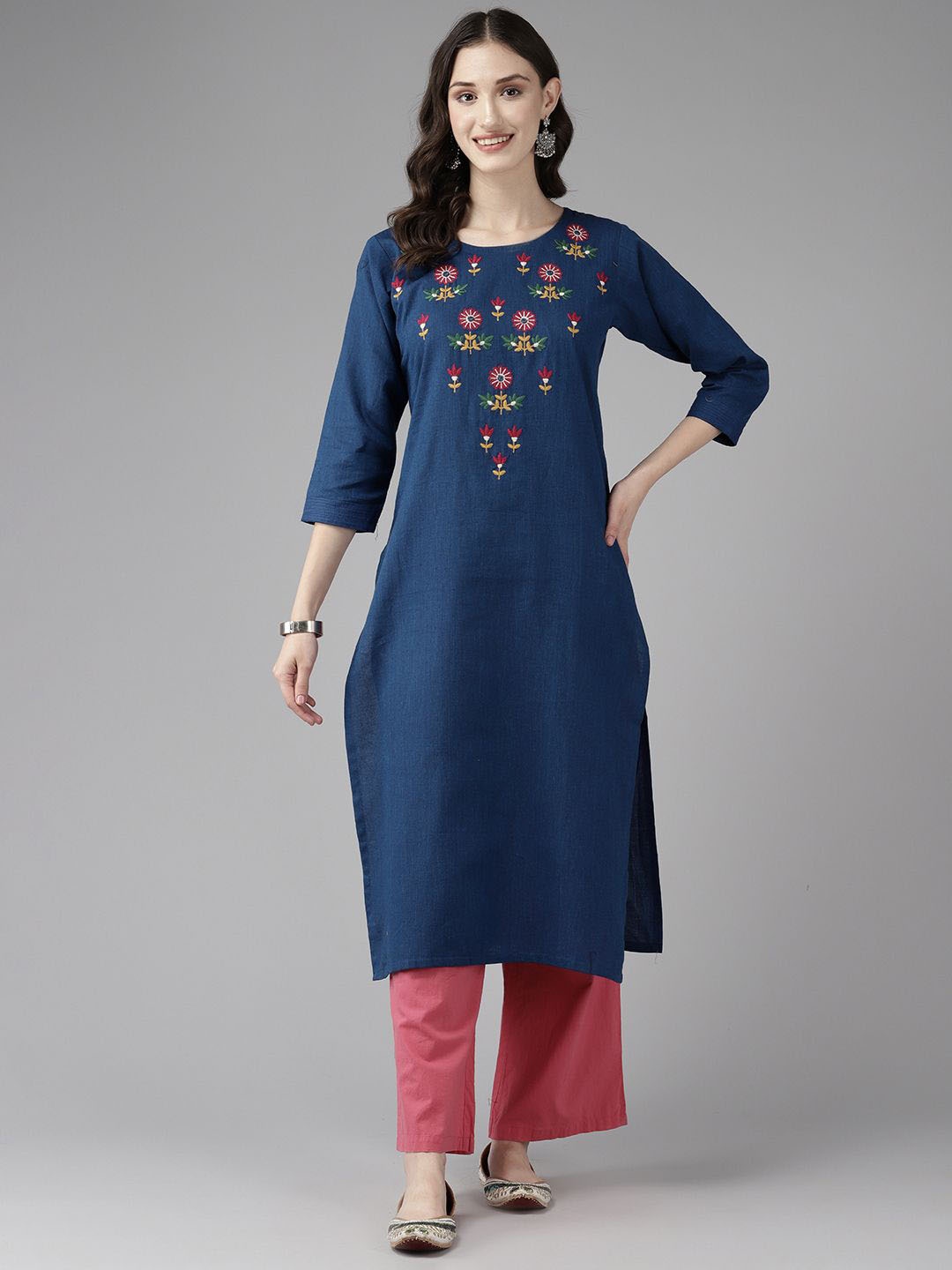 

BAESD Women Quirky Yoke Design Flared Sleeves Thread Work Kurta, Blue