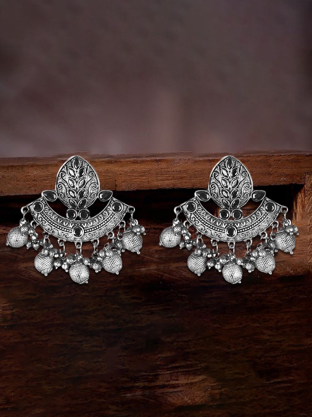 

Adwitiya Collection Silver-Plated Oxidised Stone-Studded Pearl-Tessel Drop Earrings