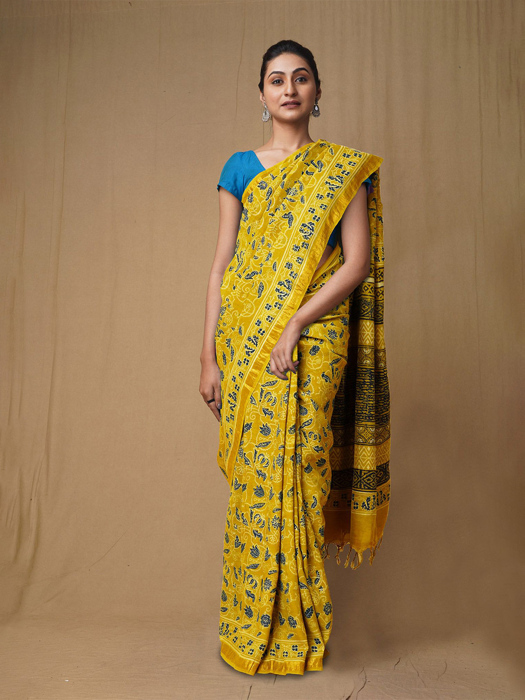 

Unnati Silks Ajrak Block Zari Handloom Chanderi Saree, Yellow