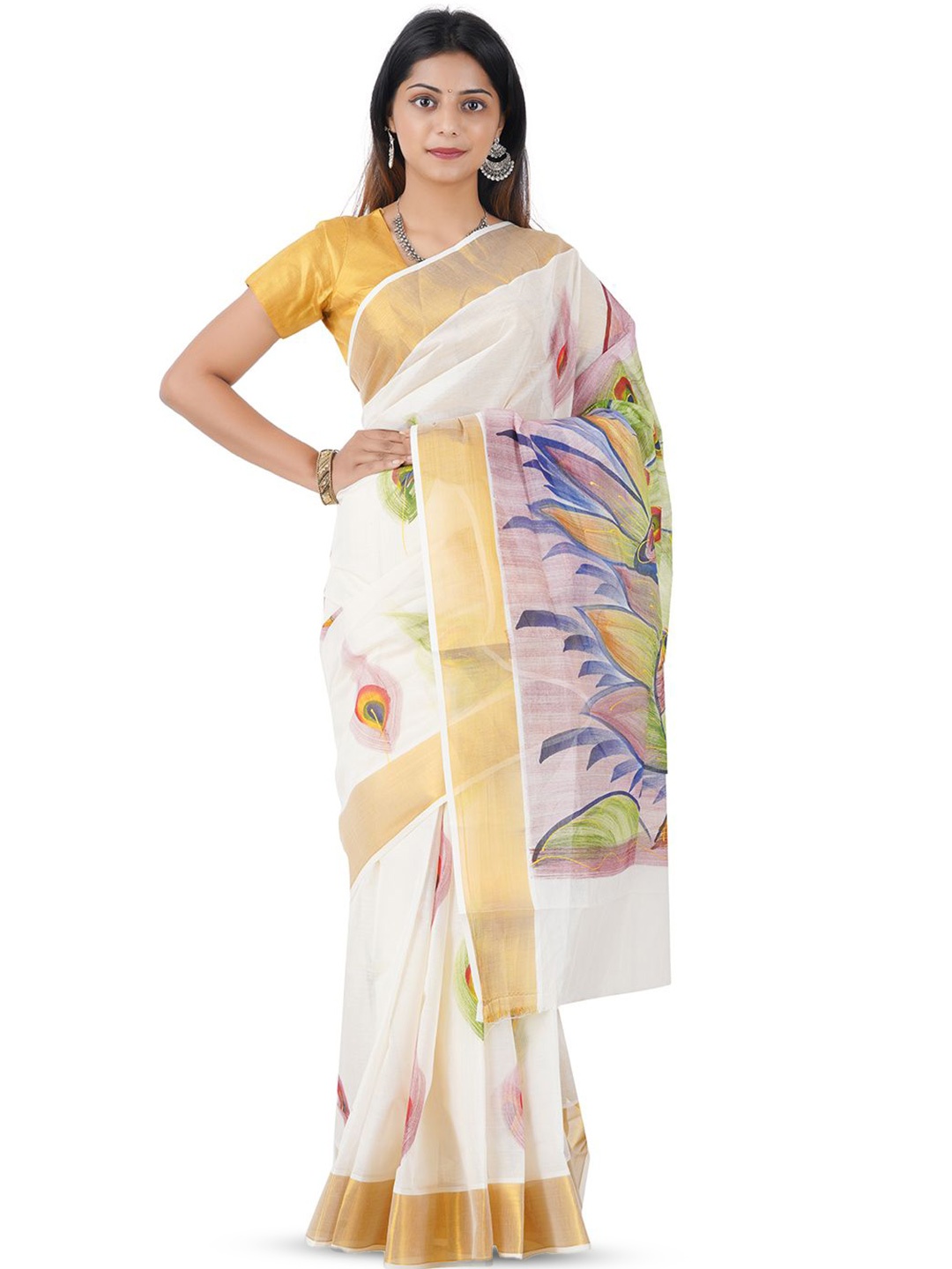 

Rst R Selvamani Tex Floral Zari Pure Cotton Kasavu Saree, Off white
