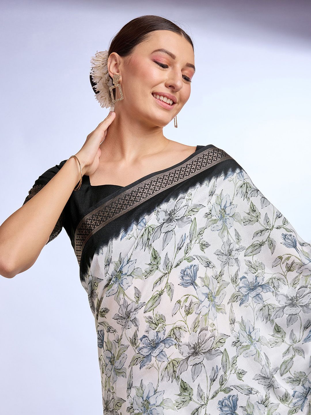 

Mitera Printed Floral Zari Saree, Charcoal