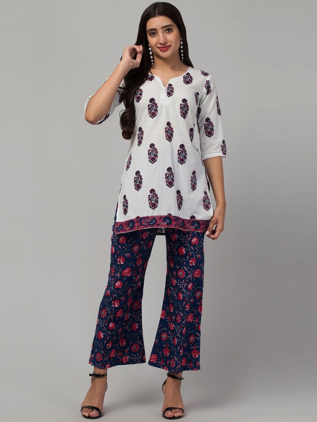 

BESTIC FASHION Women Floral Printed Regular Pure Cotton Kurti with Trousers, Navy blue