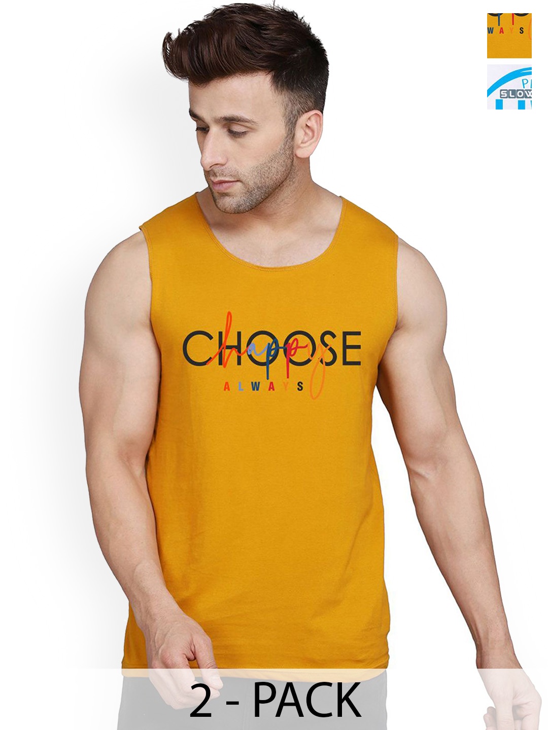 

SLOWLORIS Men Pack Of 2 Printed Cotton Gym Vests, White