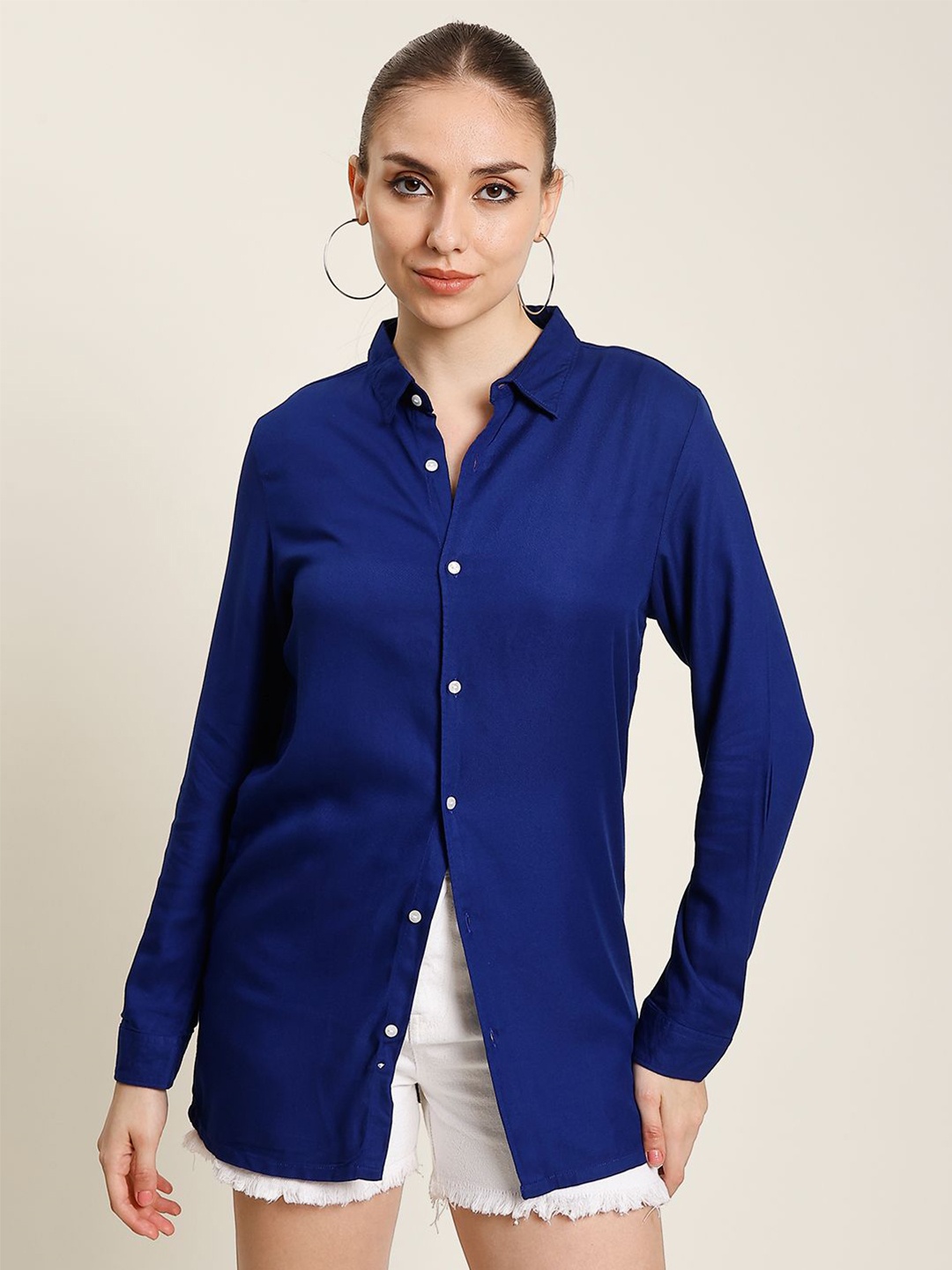 

The Roadster Lifestyle Co. Women Classic Spread Collar Solid Casual Shirt, Blue