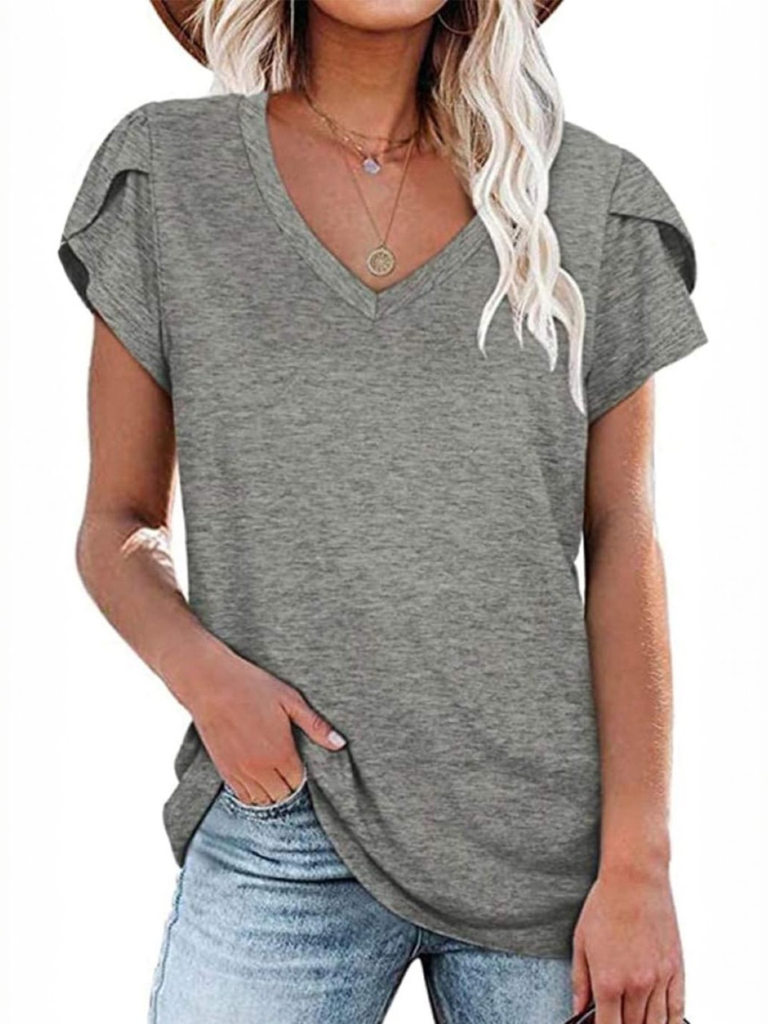 

Stylecast X KPOP Women Solid V-Neck Top, Grey