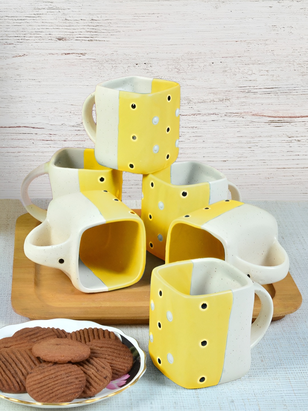 

FABINALIV Set of 6 Yellow & White Printed Ceramics Matte Cups