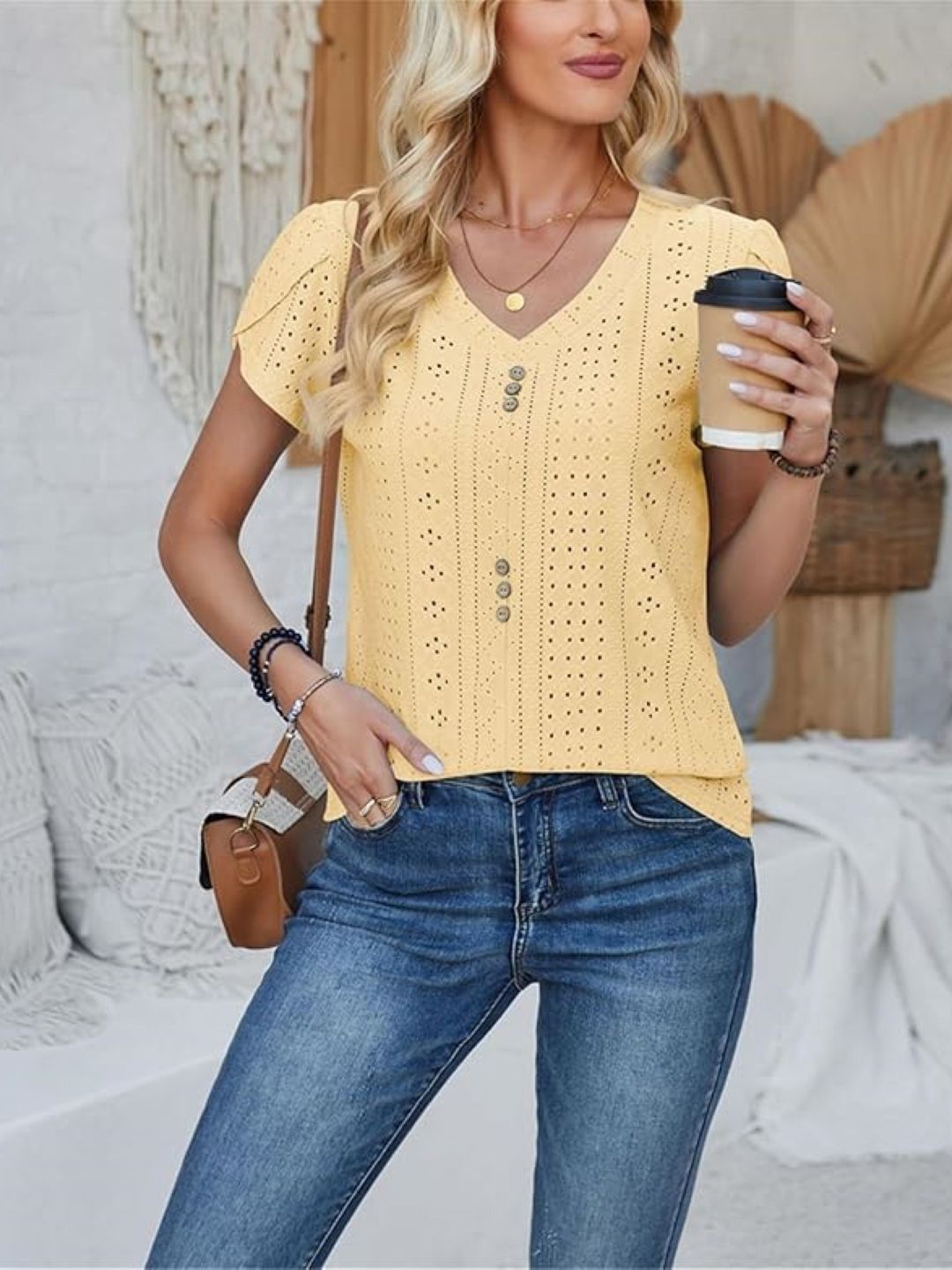 

StyleCast Women Self Design V-Neck Top, Yellow