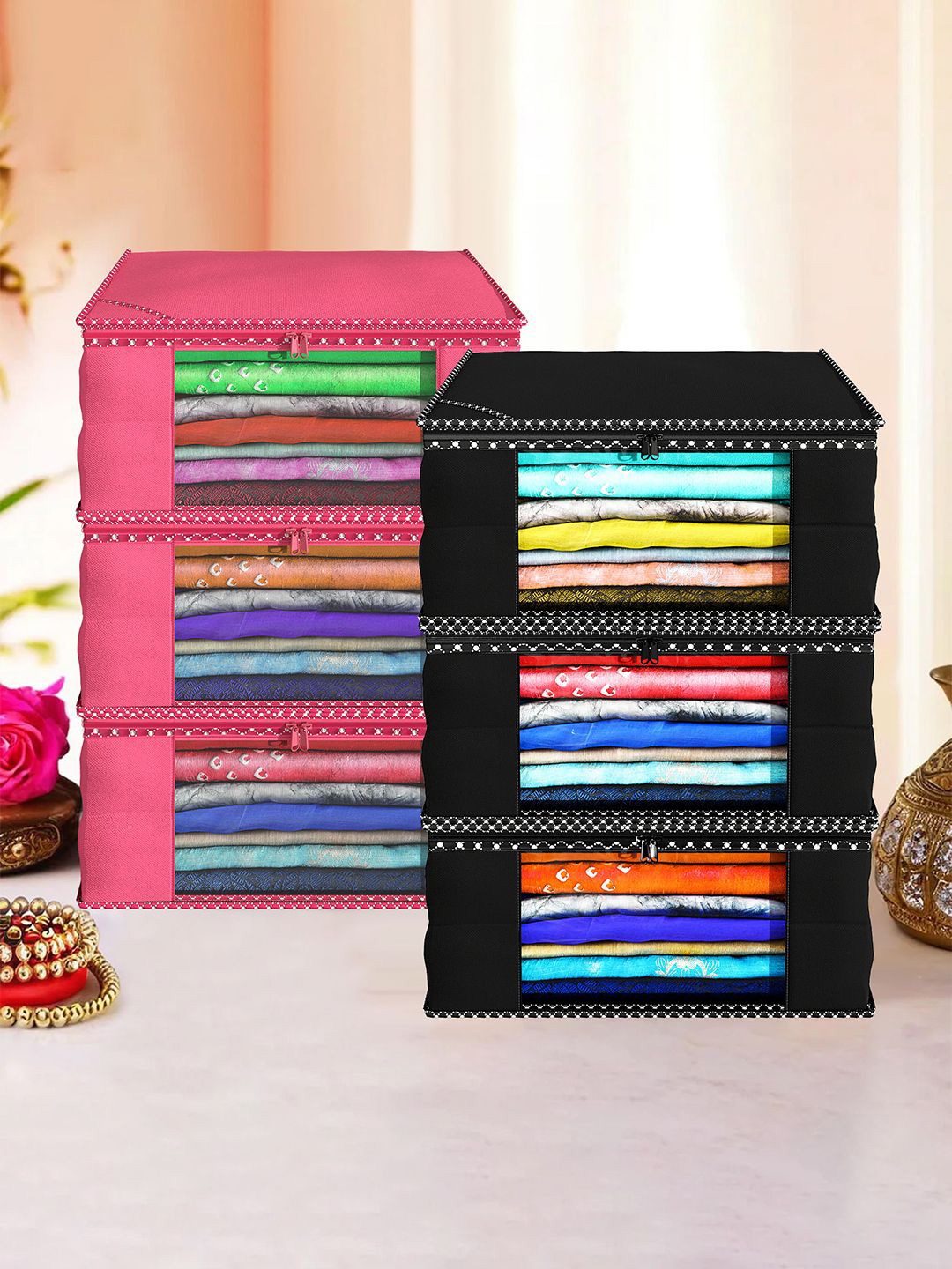 

Kuber Industries Black 6 Pieces Checked Foldable Drawer Organiser