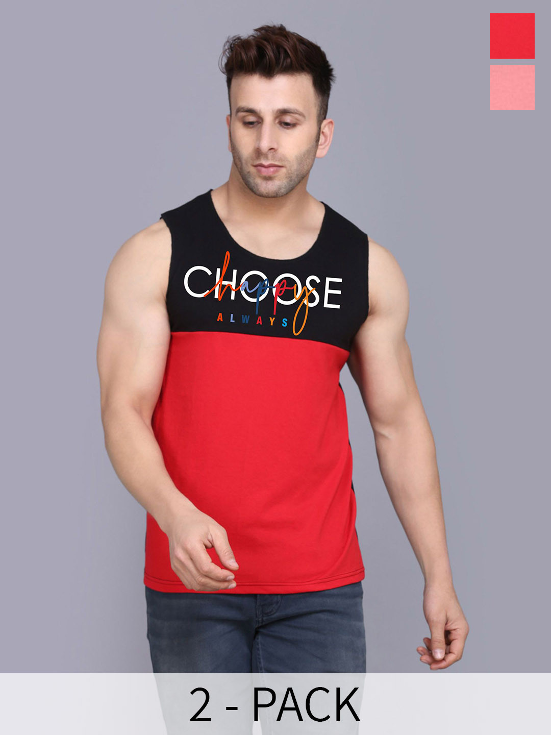 

SLOWLORIS Pack Of 2 Men Printed Gym Vests, Peach