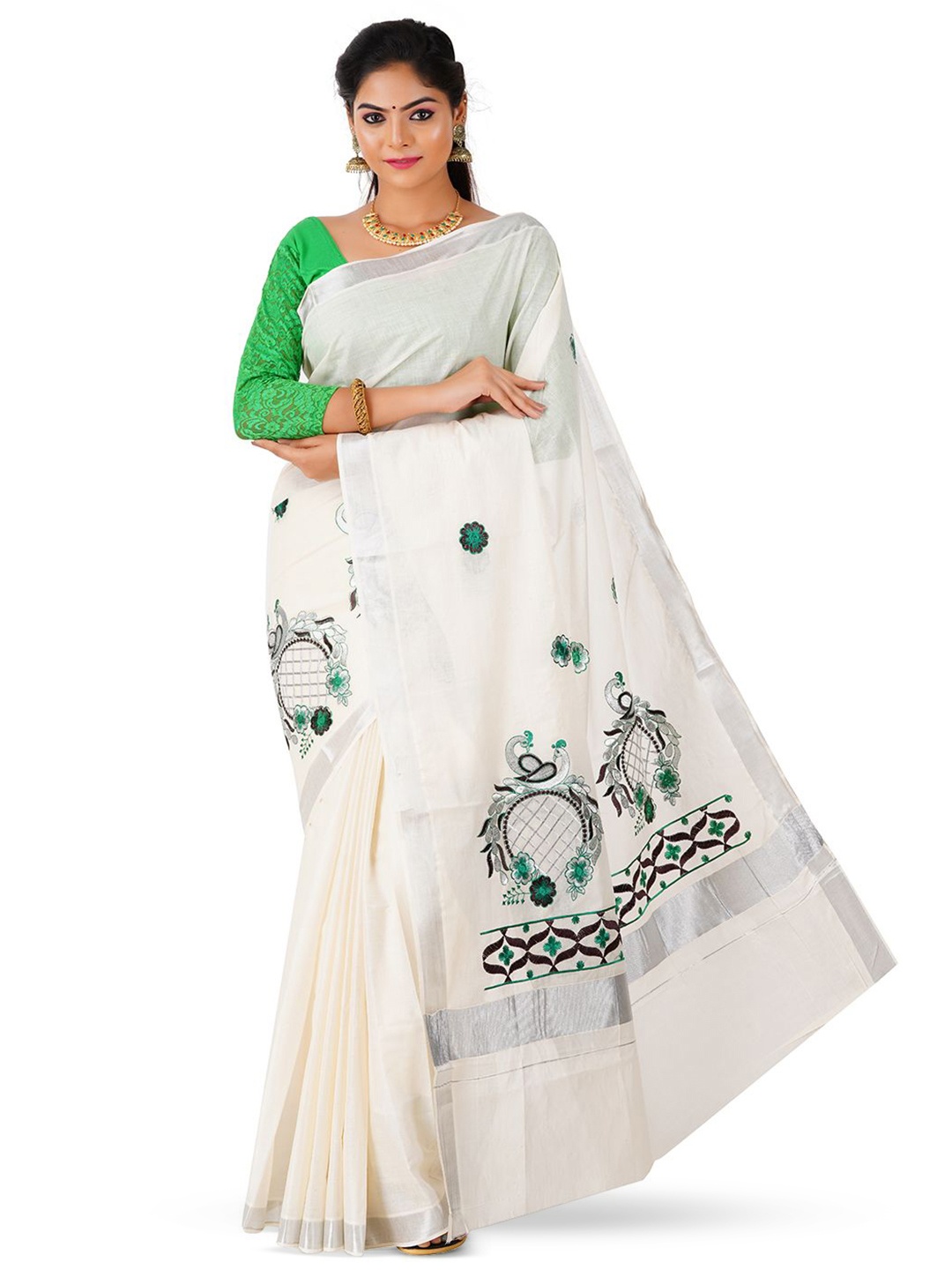 

Rst R Selvamani Tex Ethnic Motifs Zari Pure Cotton Kasavu Saree, Off white