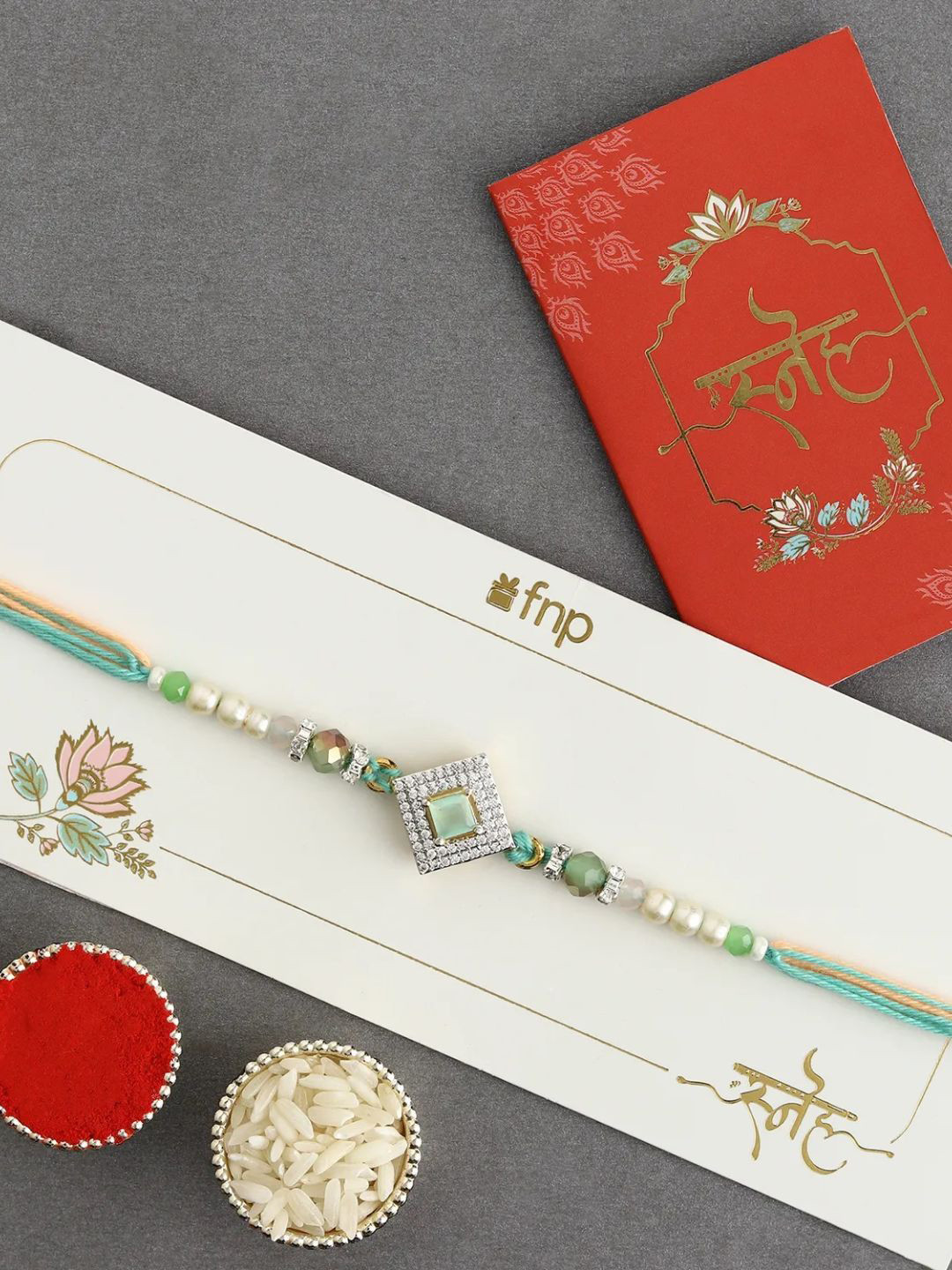 

fnp Regal American Diamond Studded Rakhi Silver Selections, Green