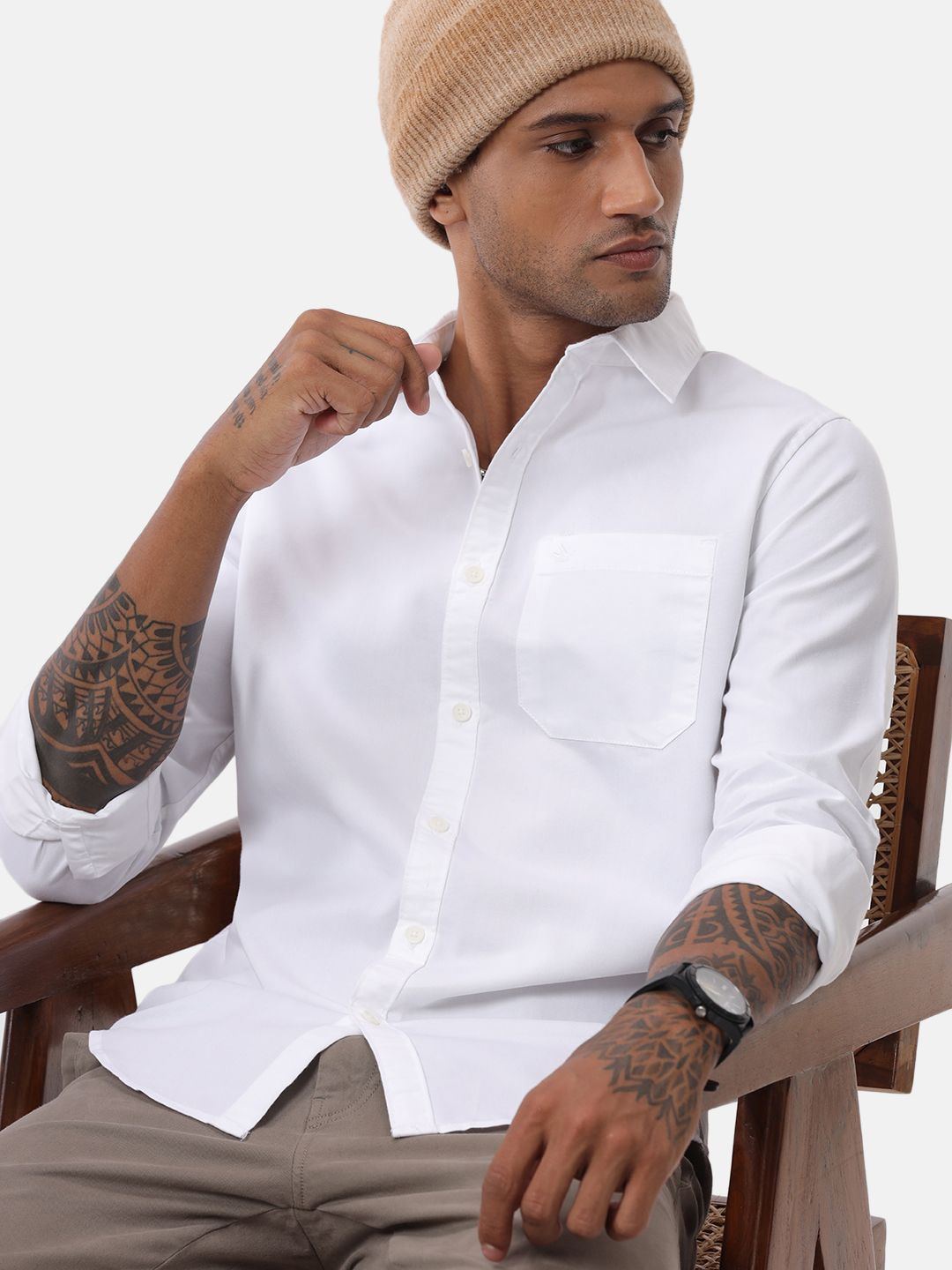 

WROGN Men Custom Spread Collar Solid Cotton Casual Shirt, White