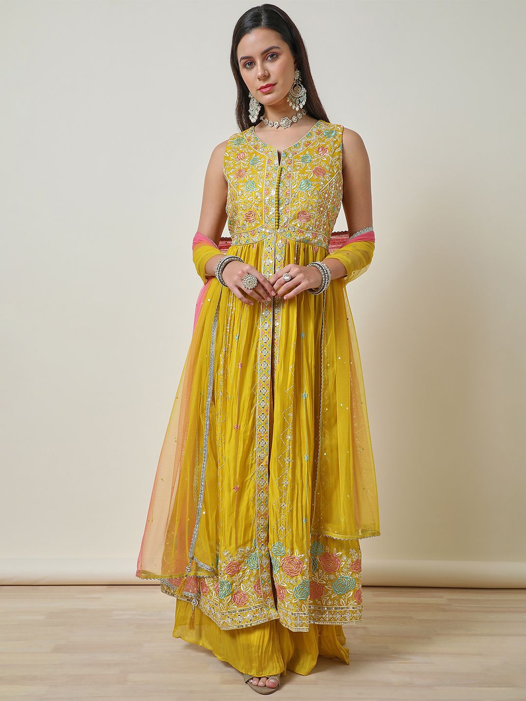 

Soch Women Floral Embroidered Pleated Sequinned Kurta with Palazzos & With Dupatta, Mustard