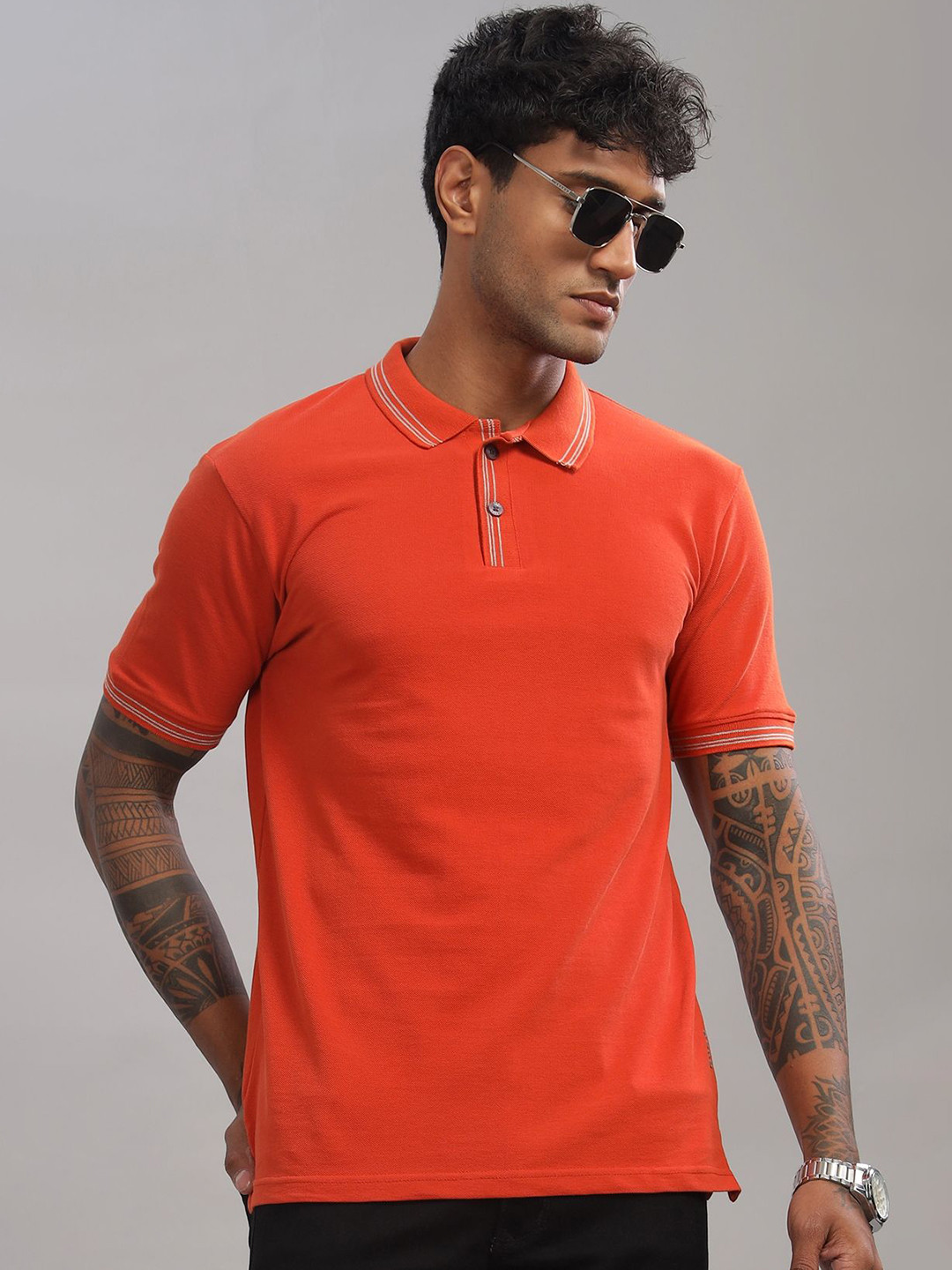 

ADRO Men Polo Collar Applique T-shirt, Orange