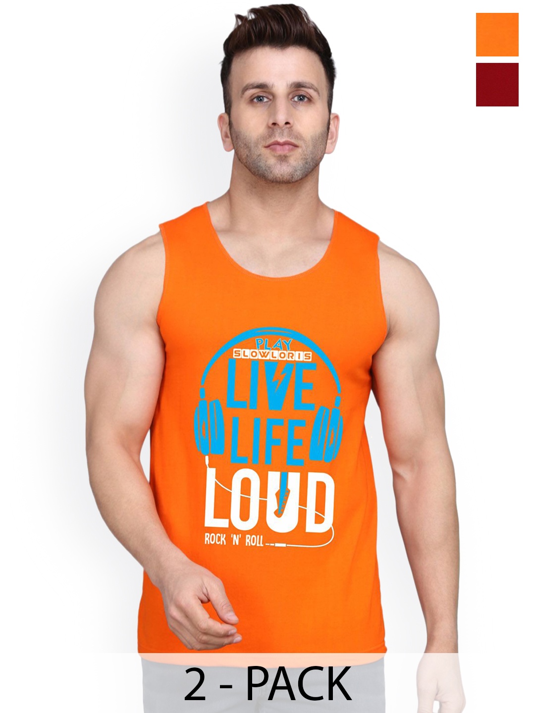 

SLOWLORIS Combo Pack Of 2 Printed Gym Vests, Orange