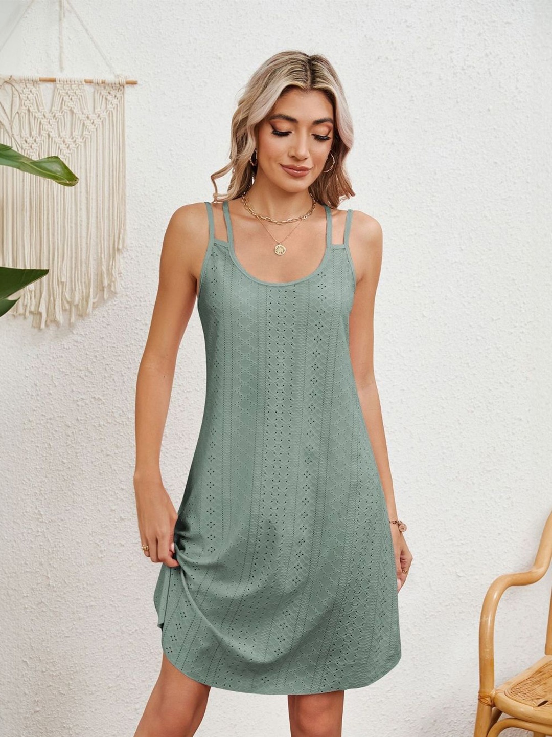 

StyleCast Shoulder Straps Schiffli A-Line Dress, Green
