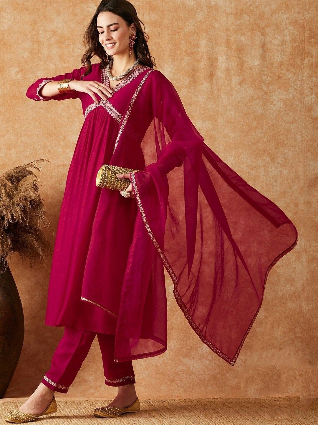 

KALINI Women Floral Embroidered Regular Kurta with Trousers & With Dupatta, Fuchsia
