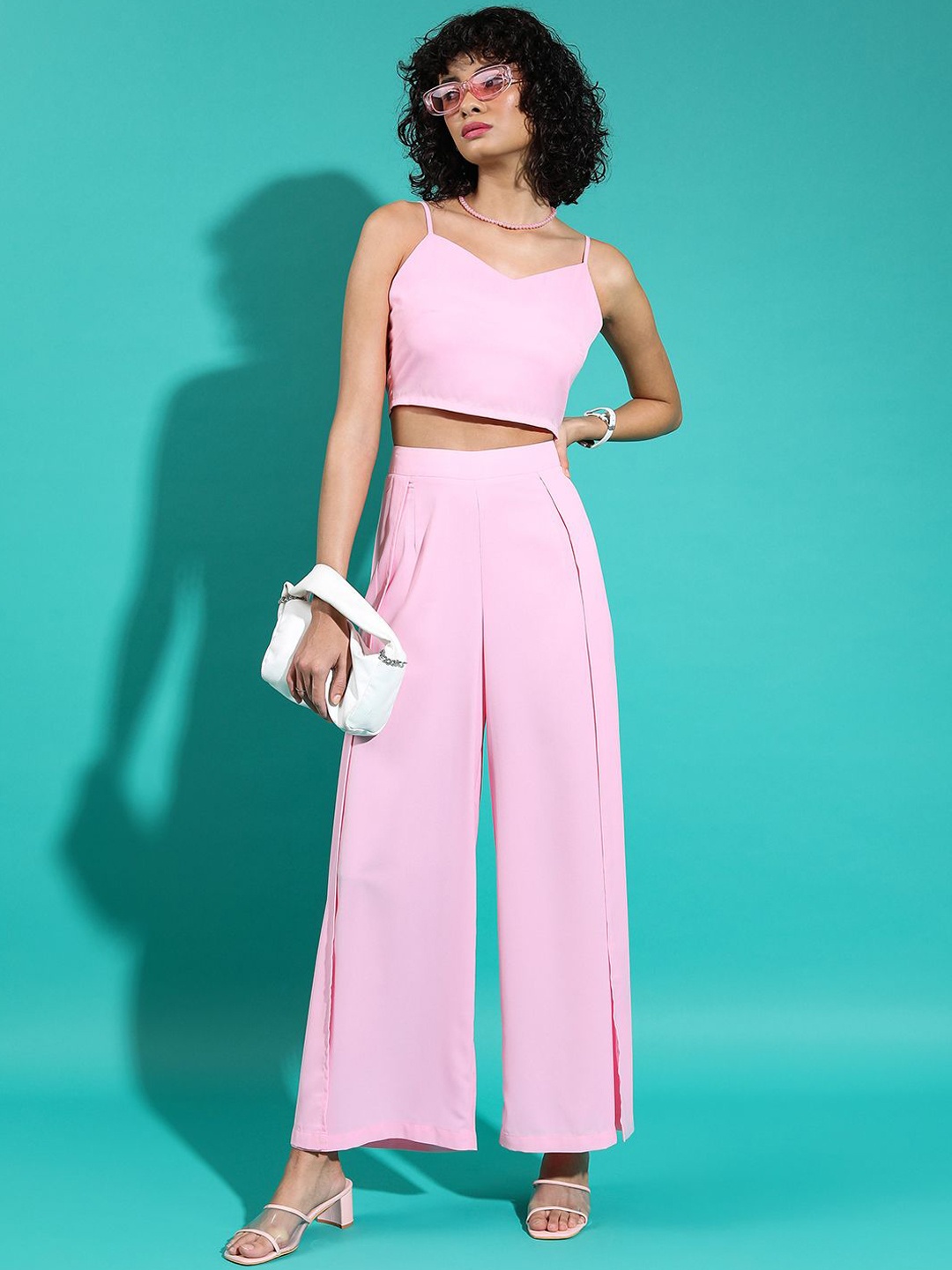

Tokyo Talkies Sleeveless Crop-Top With Trouser Co-Ords, Pink