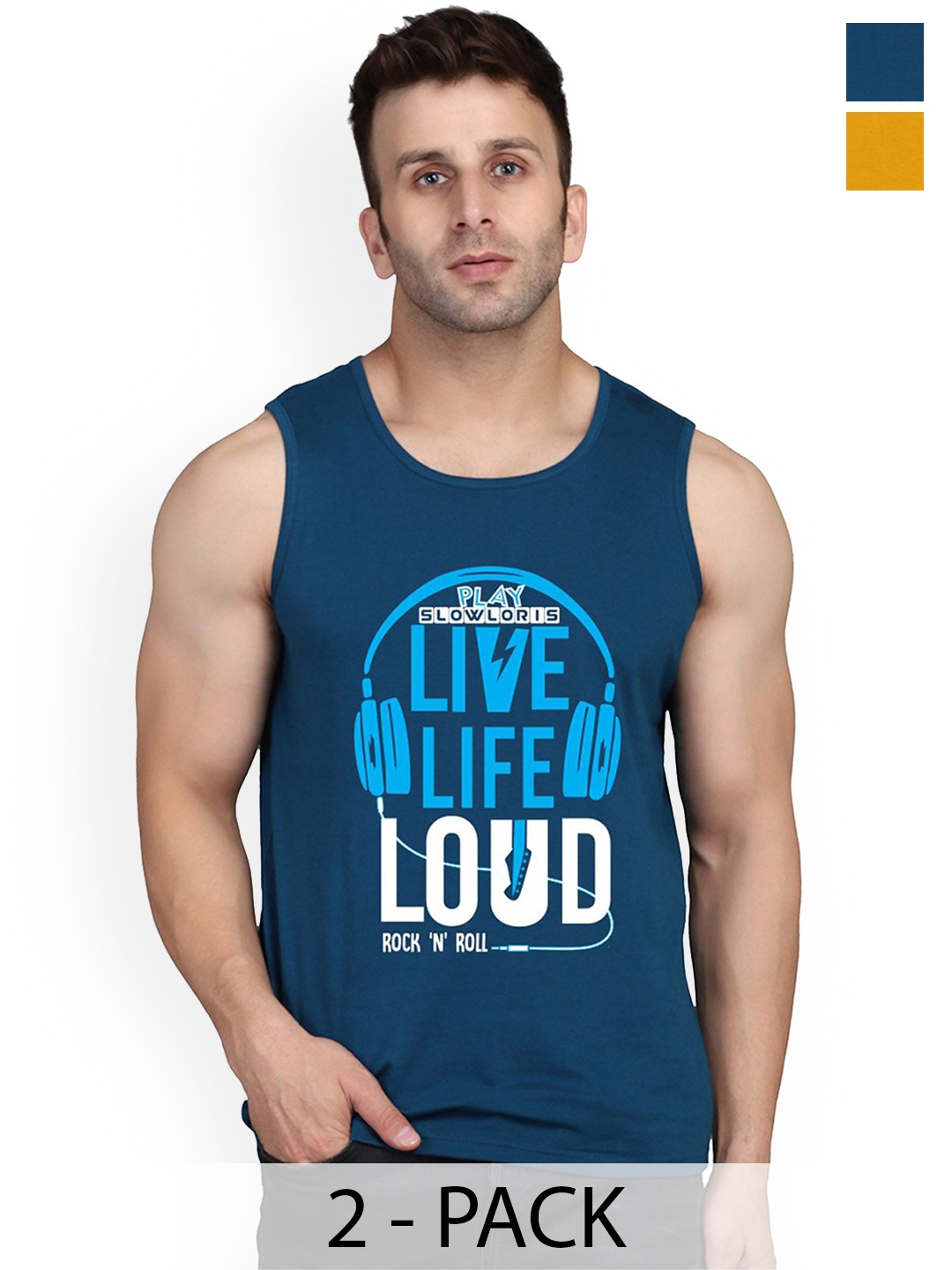 

SLOWLORIS Pack Of 2 Men Printed Gym Vests, Teal