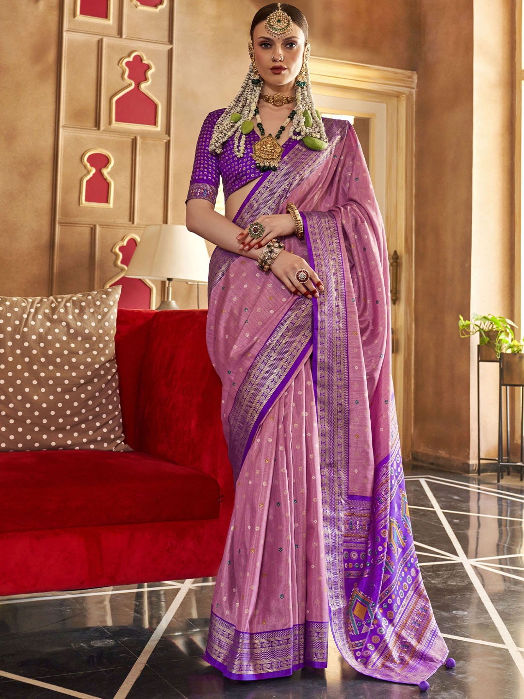 

Mitera Woven Design Zari Silk Blend Patola Saree, Pink