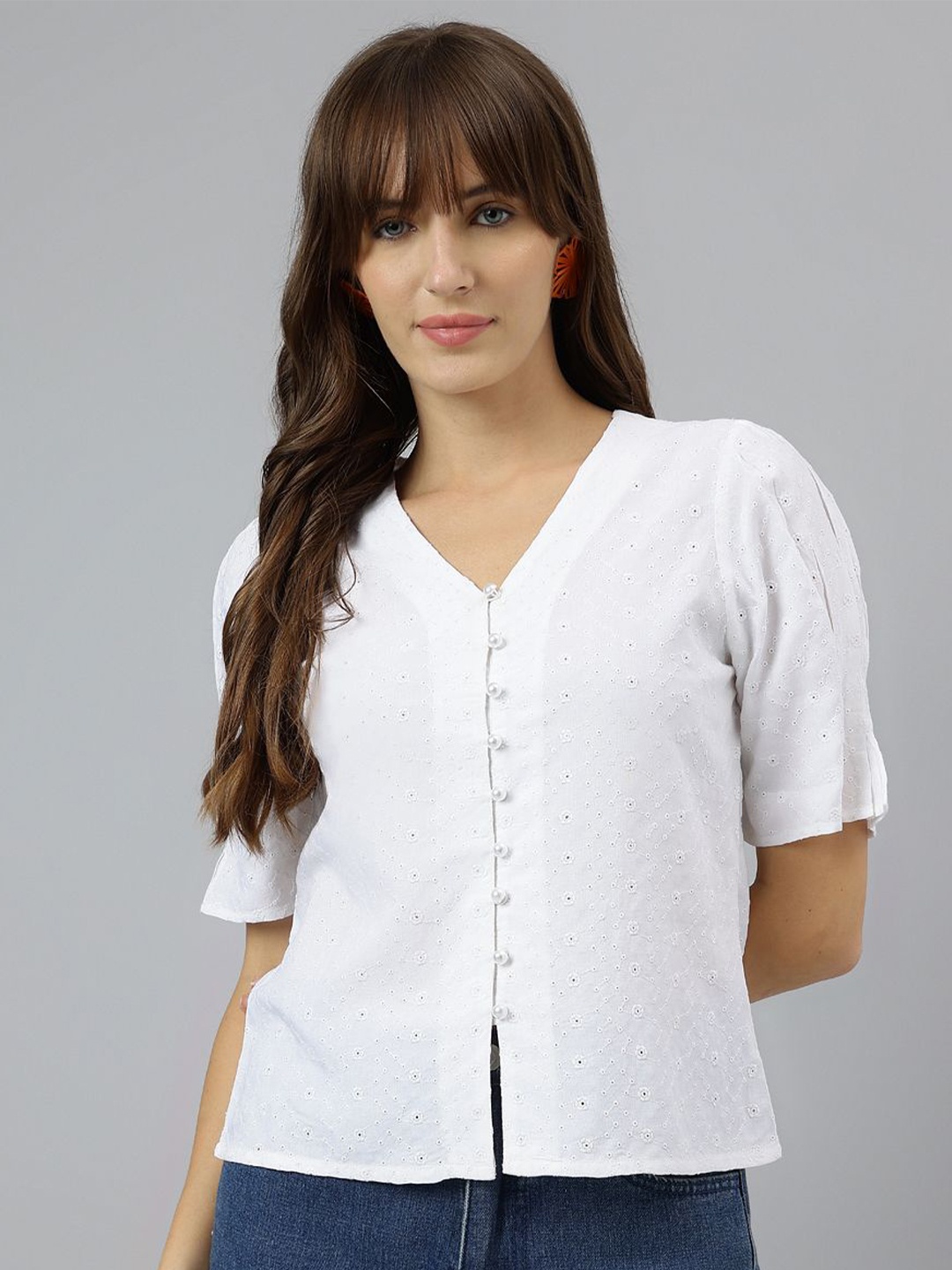 

Latin Quarters Women Collarless Schiffli Casual Shirt, White