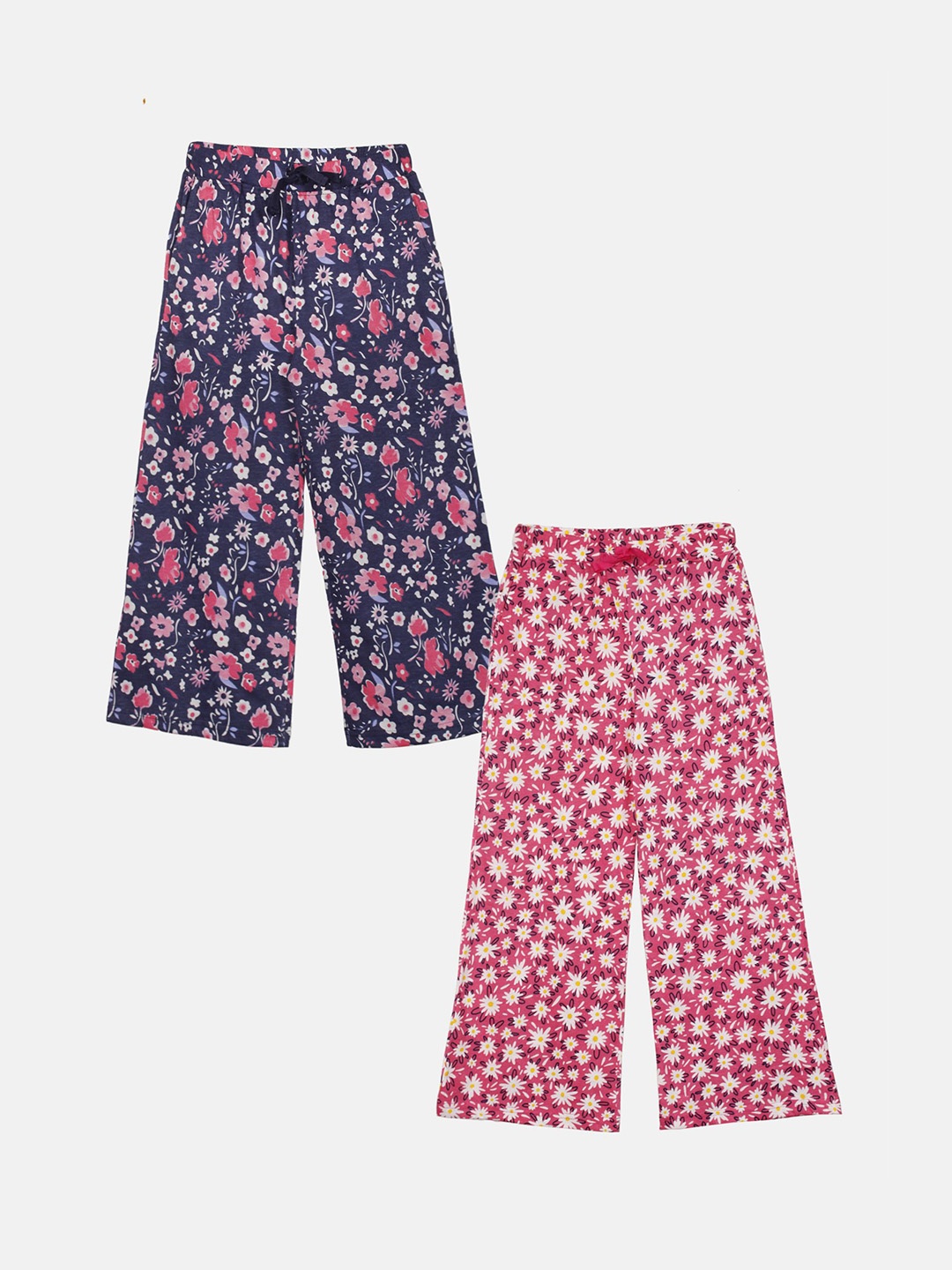 

KiddoPanti Girls Pack of 2 Floral Printed Cotton Flared Lounge Pants, Navy blue