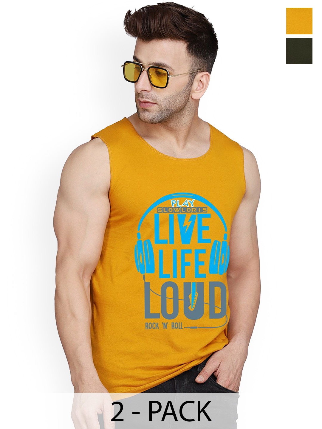 

SLOWLORIS Men Pack Of 2 Printed Gym Vests, Mustard