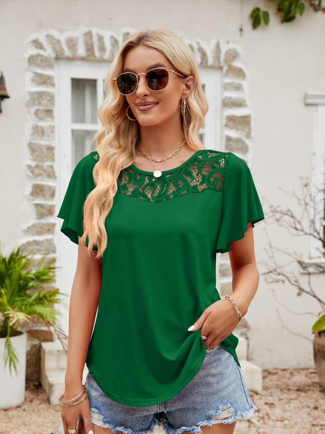 

Stylecast X KPOP Women Self Design Round Neck Top, Green