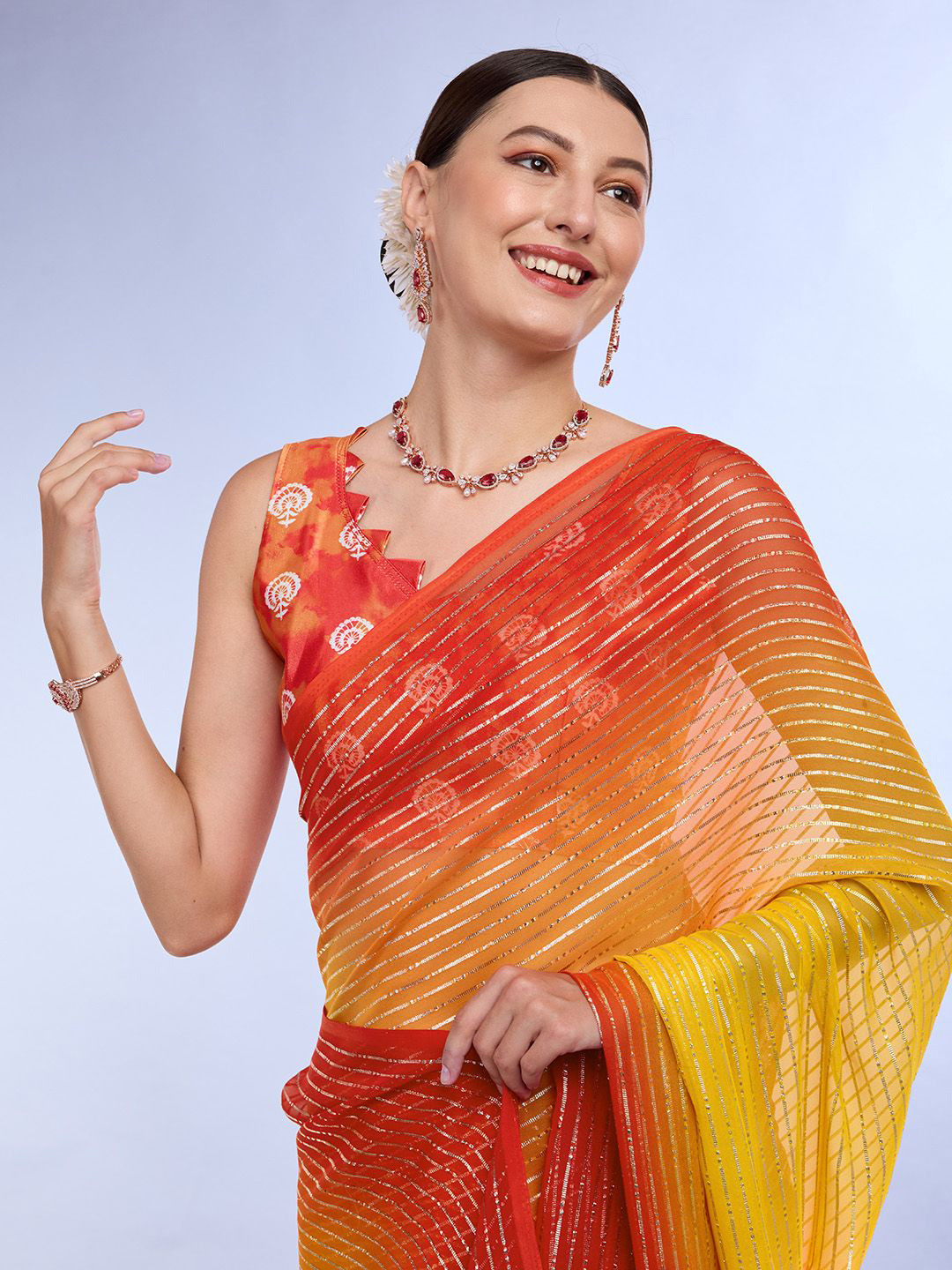 

Mitera Woven Design Striped Zari Saree, Orange