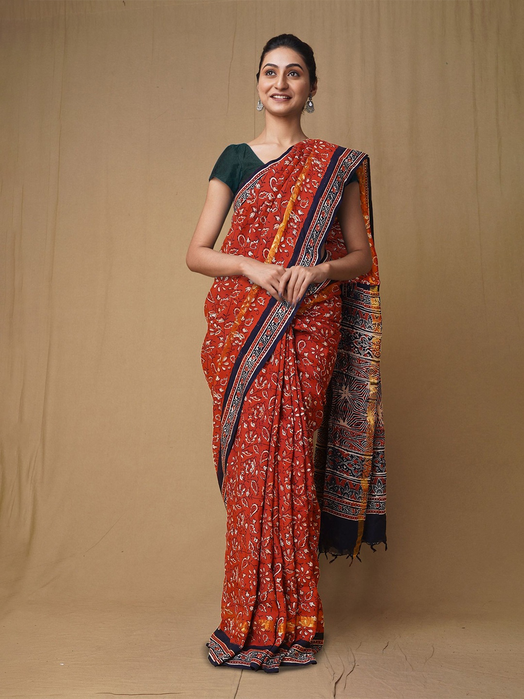 

Unnati Silks Ajrak Block Handloom Chanderi Saree, Red