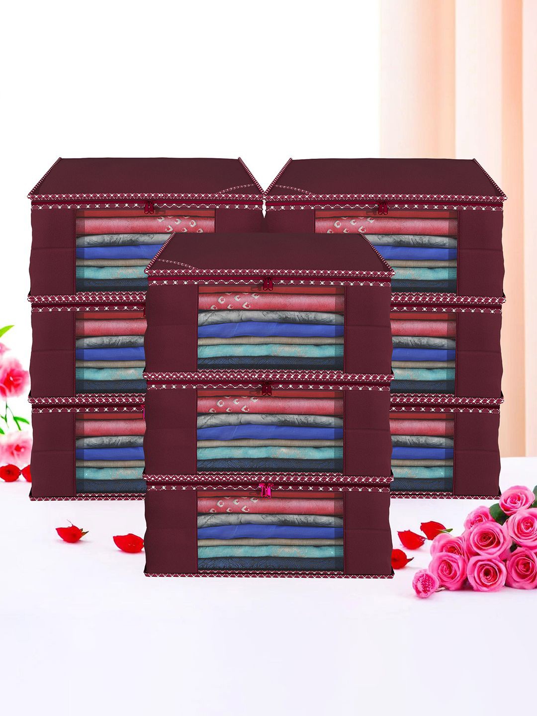 

Kuber Industries Maroon & White 9 Pieces Printed Drawer Organiser
