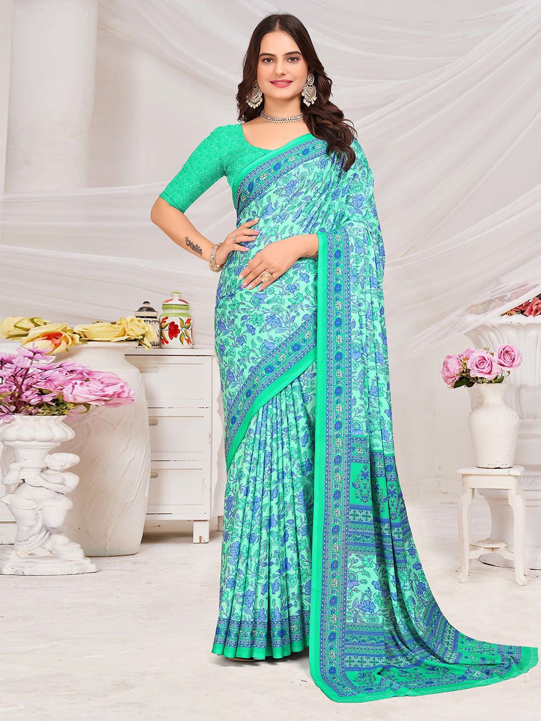 

Mitera Printed Floral Pure Crepe Saree, Turquoise blue