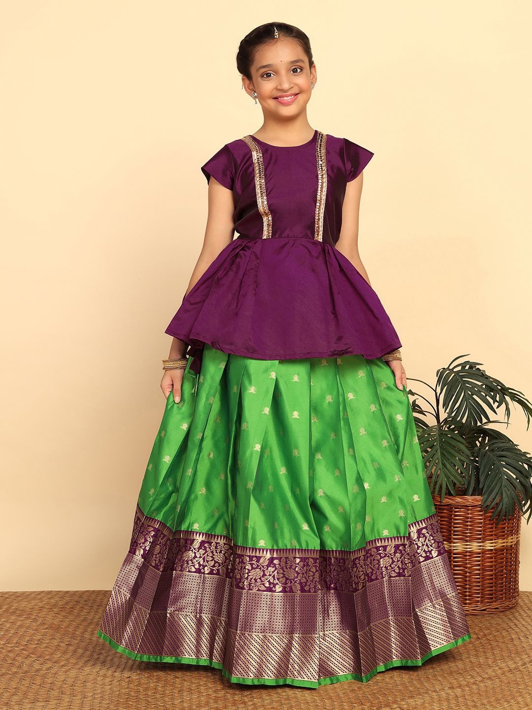 

BAESD Girls Woven Design Jacquard Ready to Wear Lehenga & Choli, Violet