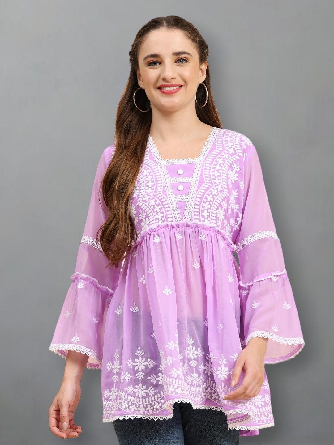 

Growish Women Floral Printed Embroidered Square Neck Top, Lavender