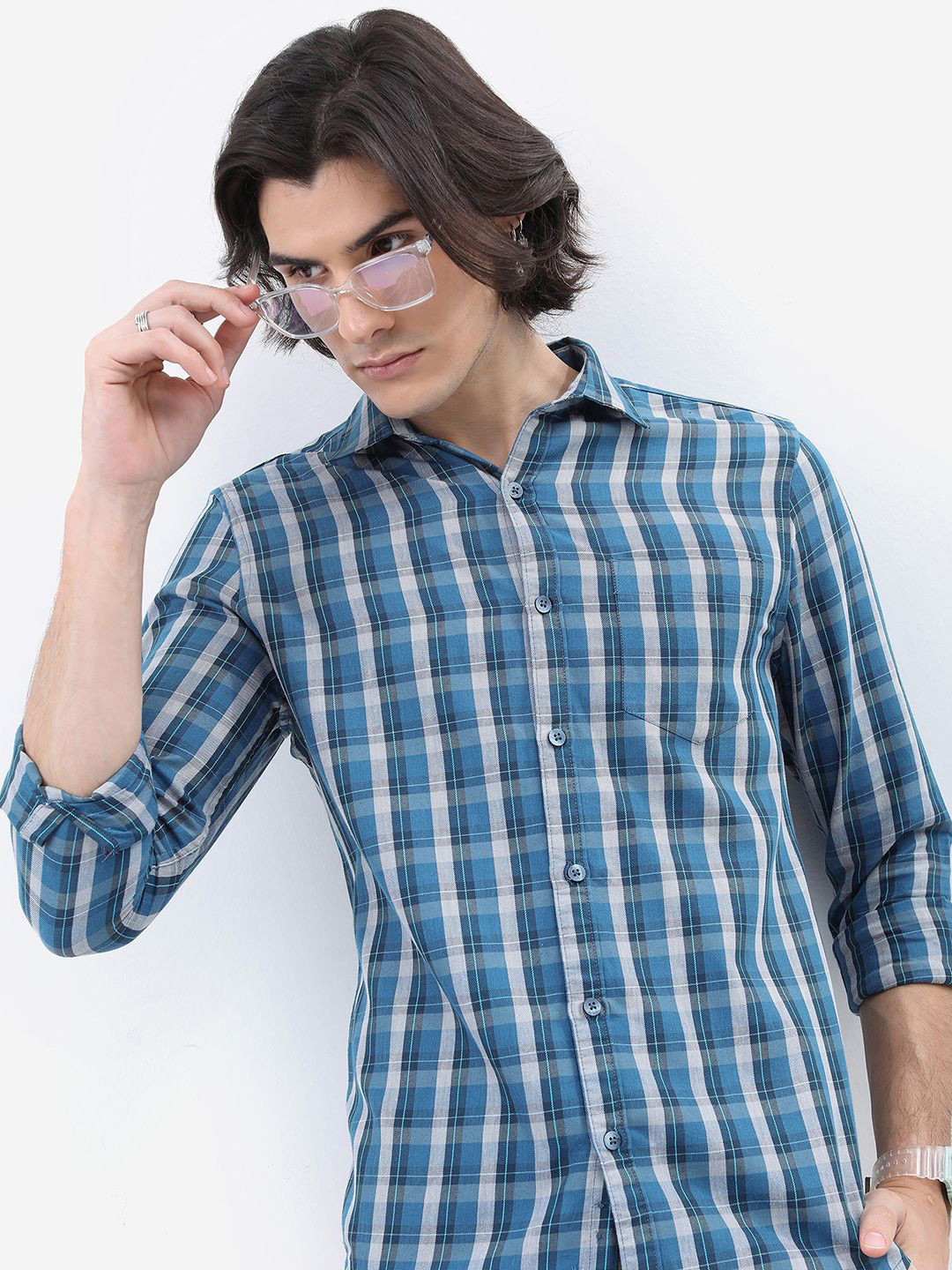 

HIGHLANDER Men Spread Collar Tartan Checked Cotton Slim Fit Casual Shirt, Blue
